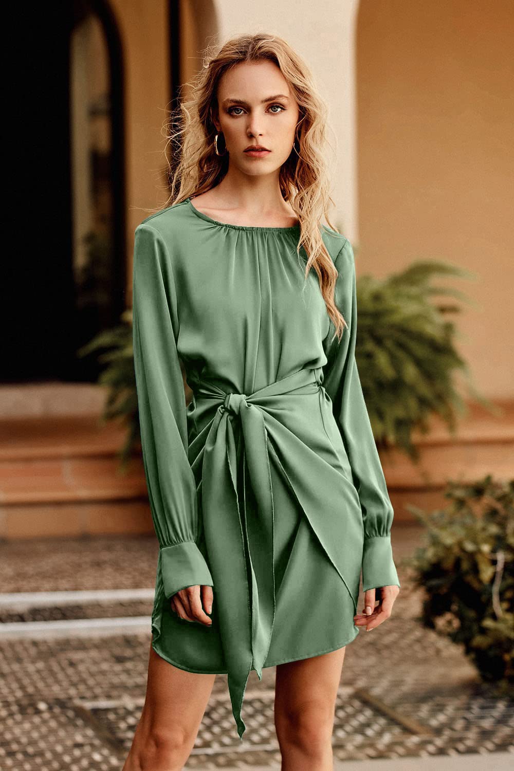 PRETTYGARDEN Women's Elegant Satin Cocktail Dress - Long Sleeve Tie Waist Mini Dress for Spring & Fall - Perfect for Party, Wedding Guest, Date Night & Special Occasions