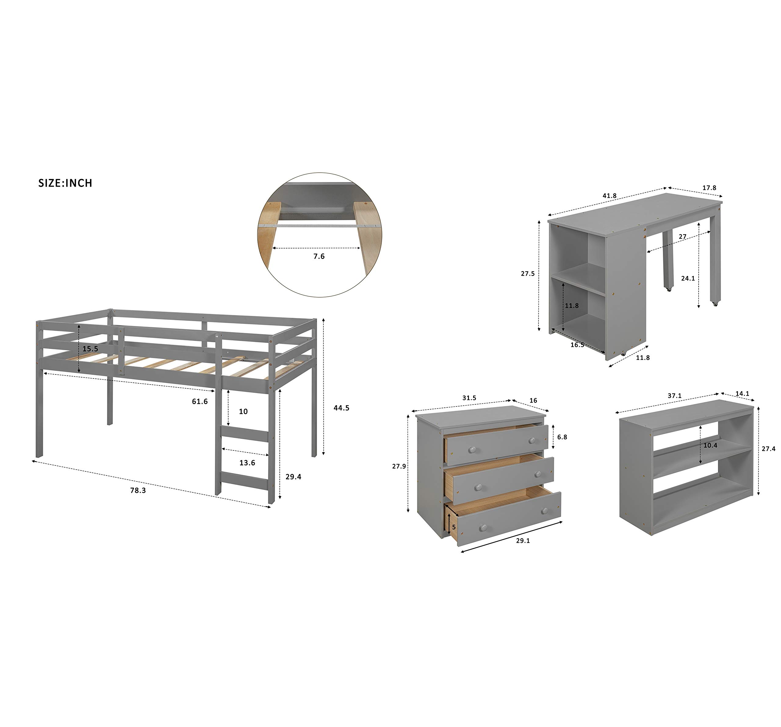 Danxee Loft Storage Bed with Spacious Shelves & Rolling Desk - Space Saving Bed Frame with Cabinet Storage, Multiple Finishes (Gray) - Perfect for Small Apartments, Dorms & Kids Rooms