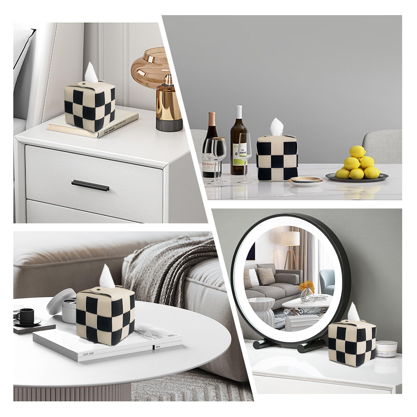 PU Leather Square Tissue Box Cover with Metal Buckle - Checkered Decorative Organizer for Bedroom, Vanity, Nightstand, Bathroom & Office (Beige) | Home Decor & Gift Idea for Housewarming, Wedding, Birthday