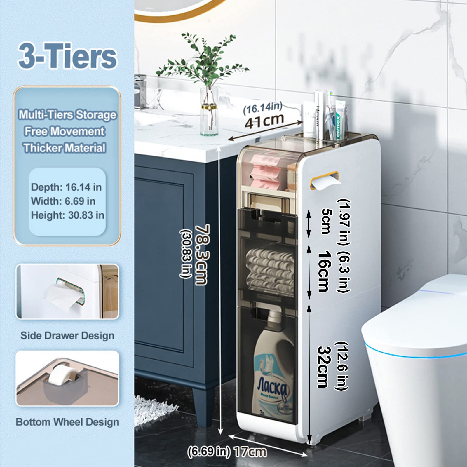 3-Tier Bathroom Organizer with Clear Drawers & Casters - 6.69