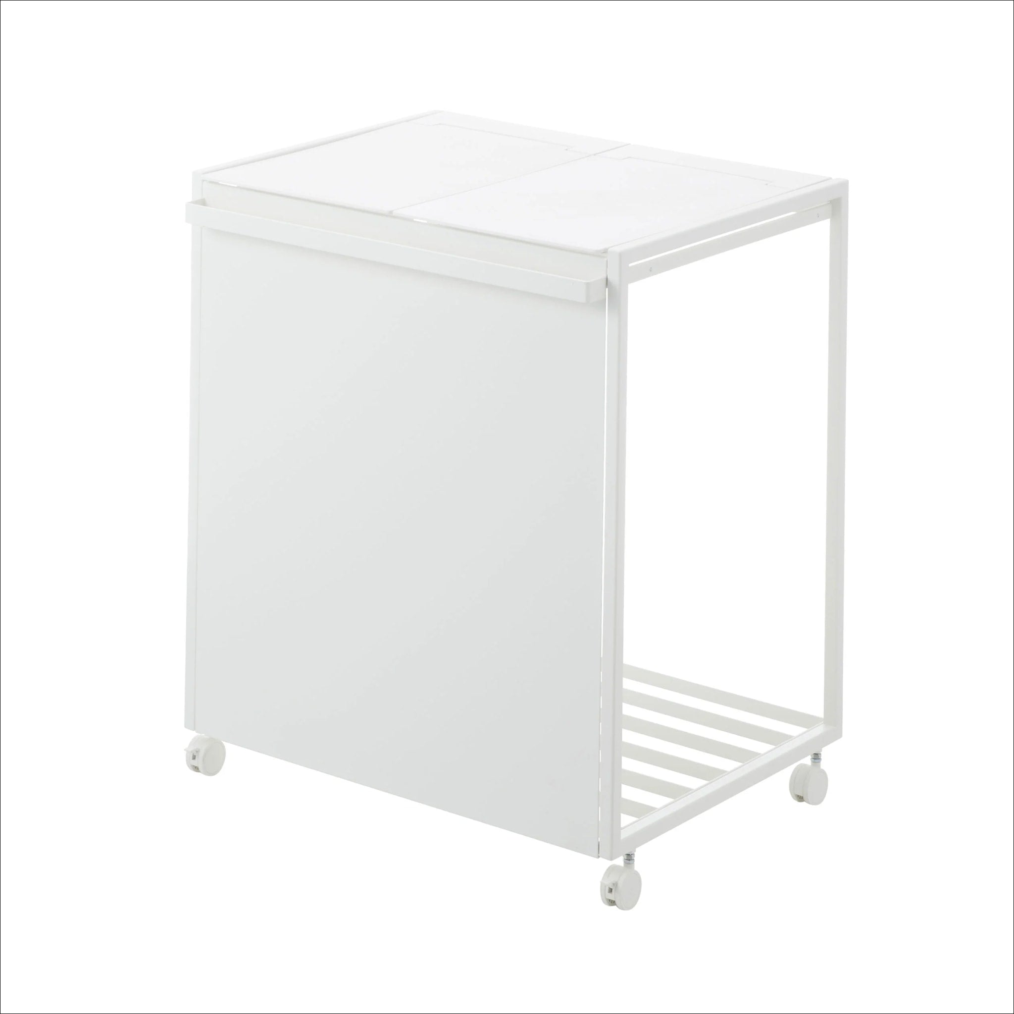 YAMAZAKI 2-Compartment Rolling Trash Can with Wheels - White | Space-Saving Recycling Bin for Kitchen, Office & Bathroom Organization