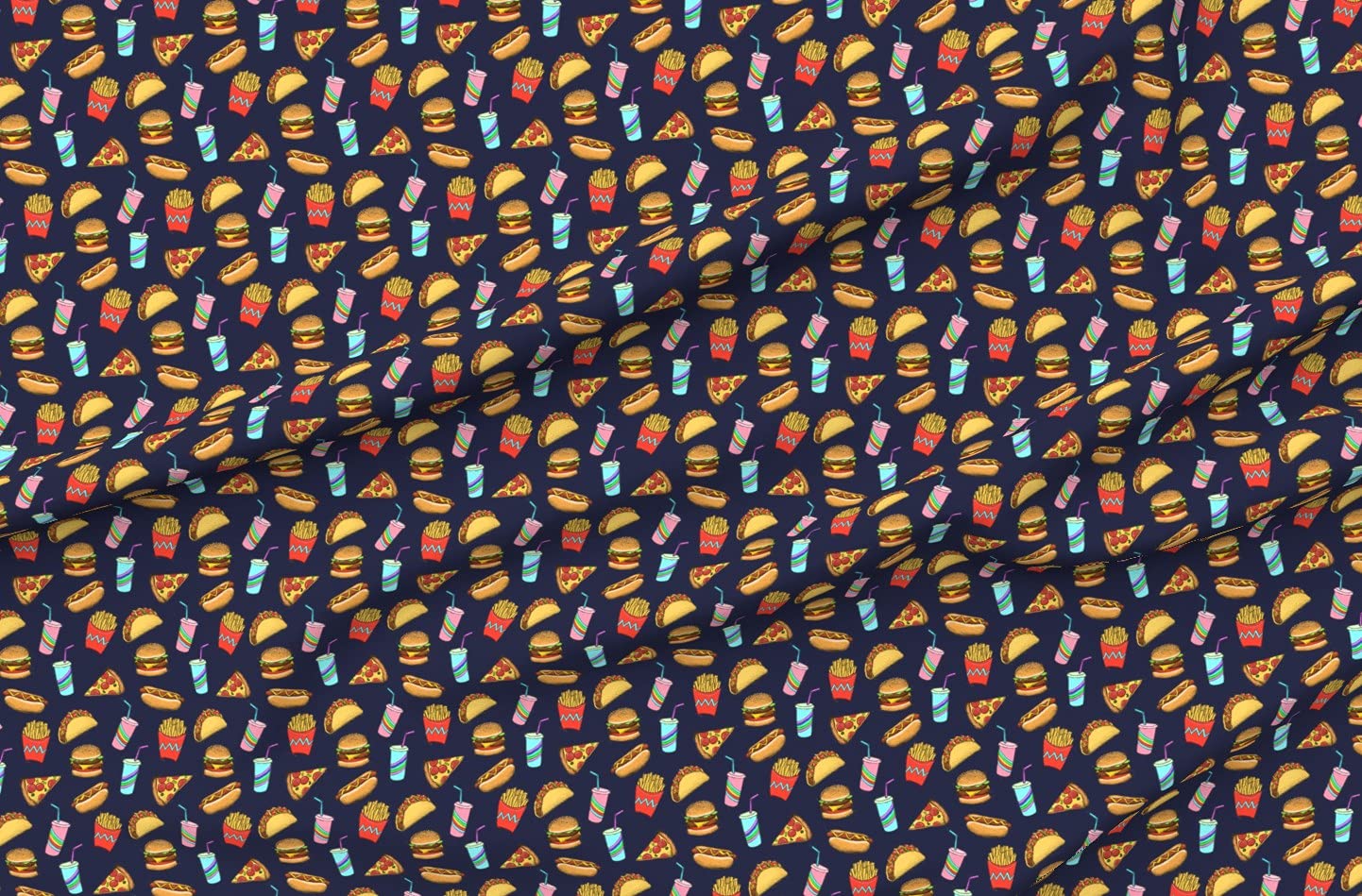 Painted Food Navy Blue Hot Dogs Pizza Taco Fries Soda Fat Print Upholstery Velvet Fabric by The Yard - Spoonflower Home Decor & Apparel Fabric for Sofa, Curtains, DIY Crafts