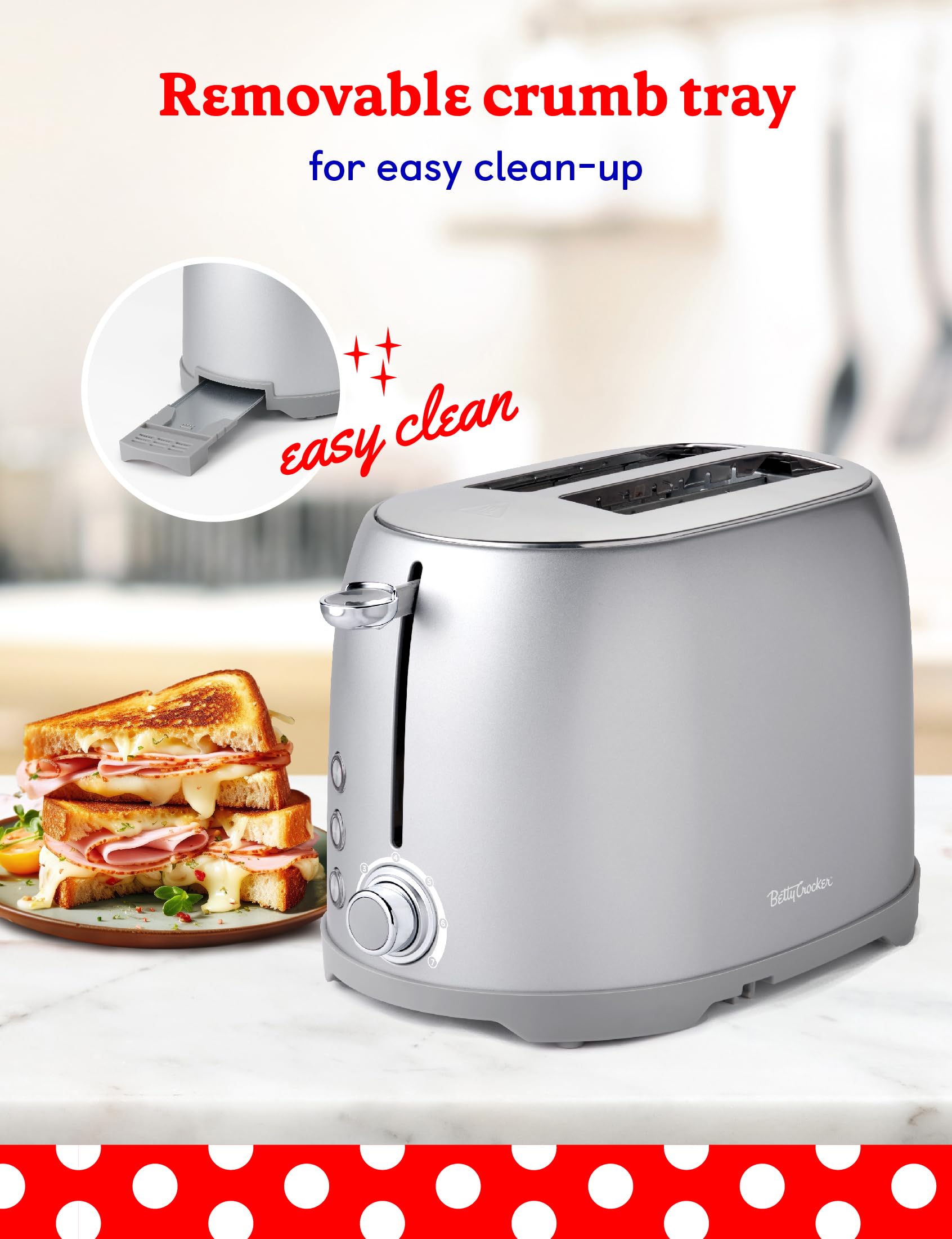 Betty Crocker 2-Slice Multi-Function Toaster with Extra Wide Slots - Perfect for Thick Bread, Bagels & Waffles - Adjustable Toast Shade Control & Slide-Out Crumb Tray - Silver - Ideal for Breakfast, Brunch & Quick Snacks at Home or Office