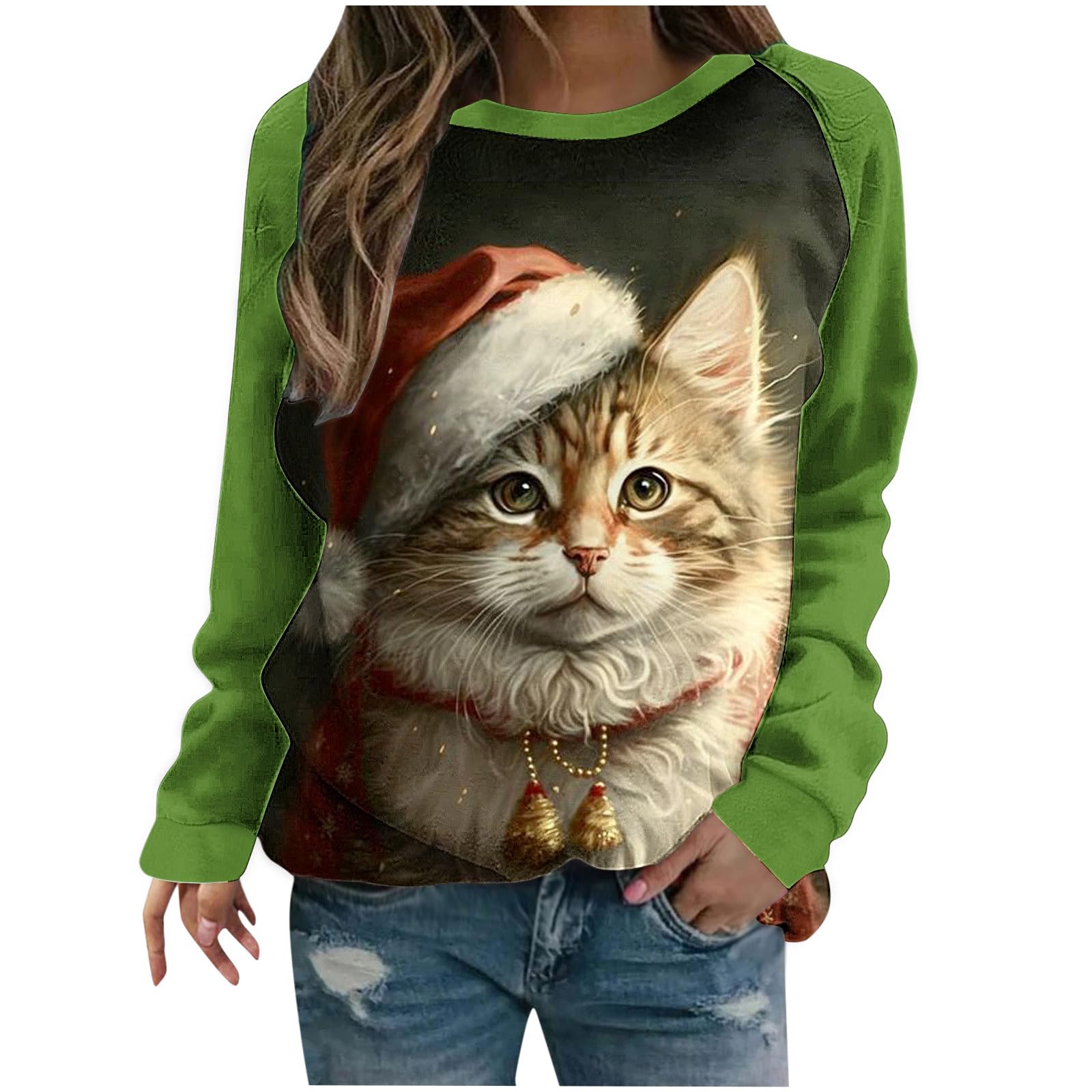 Women's Christmas Cat Print Sweatshirt - Cute Snowman Graphic Long Sleeve Pullover Blouse | Casual Holiday Tunic Top & Elegant Xmas Sweater (Plus Size Available) | Perfect for Ugly Christmas Parties, Office Festive Wear & Winter Family Gatherings