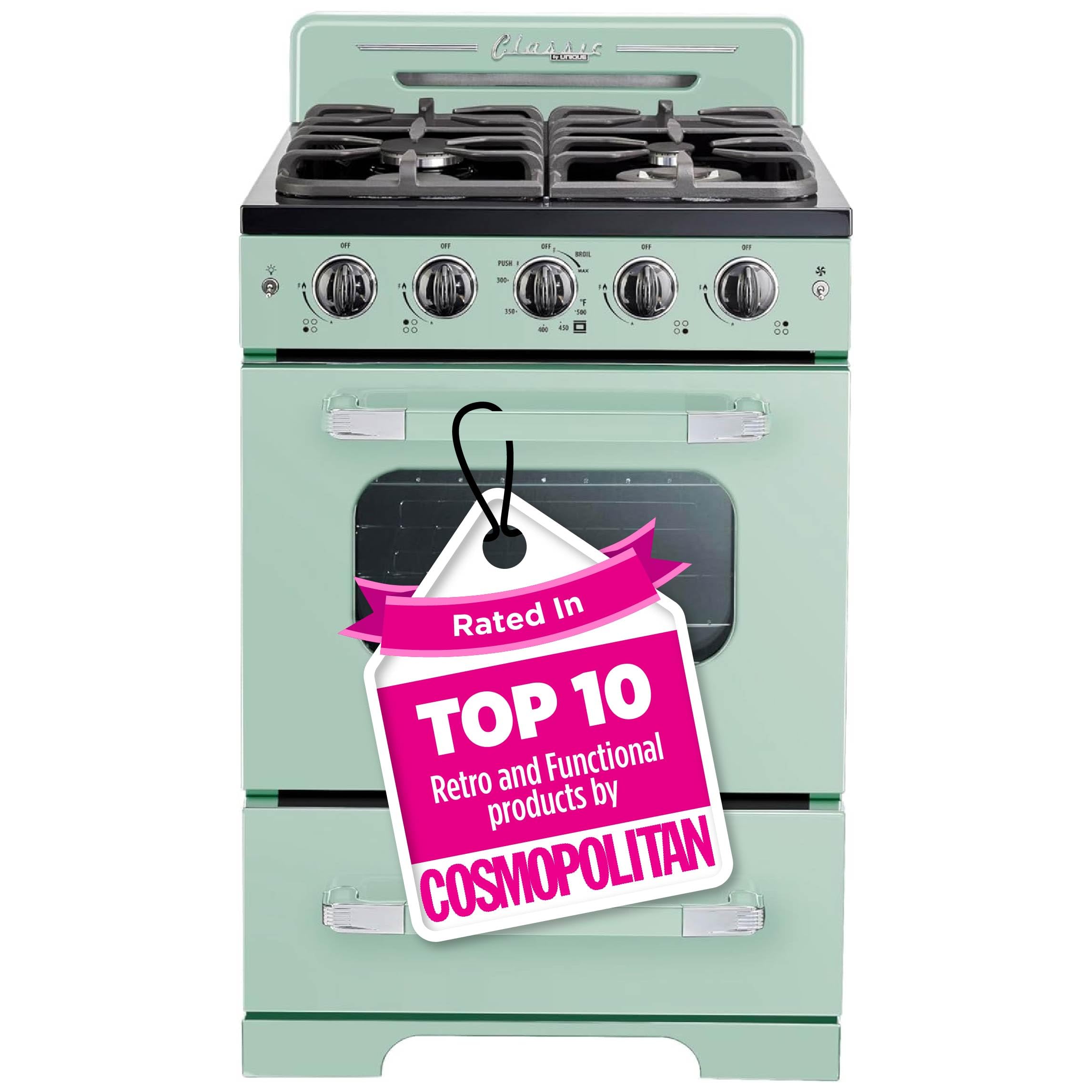 LG Classic Retro Freestanding Gas Range with Convection Oven - 24 Inch, 4 Burners, Summer Mint Green - Perfect for Vintage Kitchen Decor & Small Space Cooking