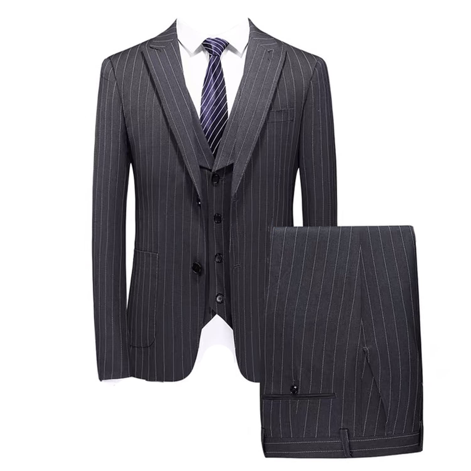 HBDesign Men's 3-Piece Gray Striped Suit Set with 2-Button Lapel Jacket, Vest & Pants | Formal Business Attire for Weddings, Office & Special Occasions