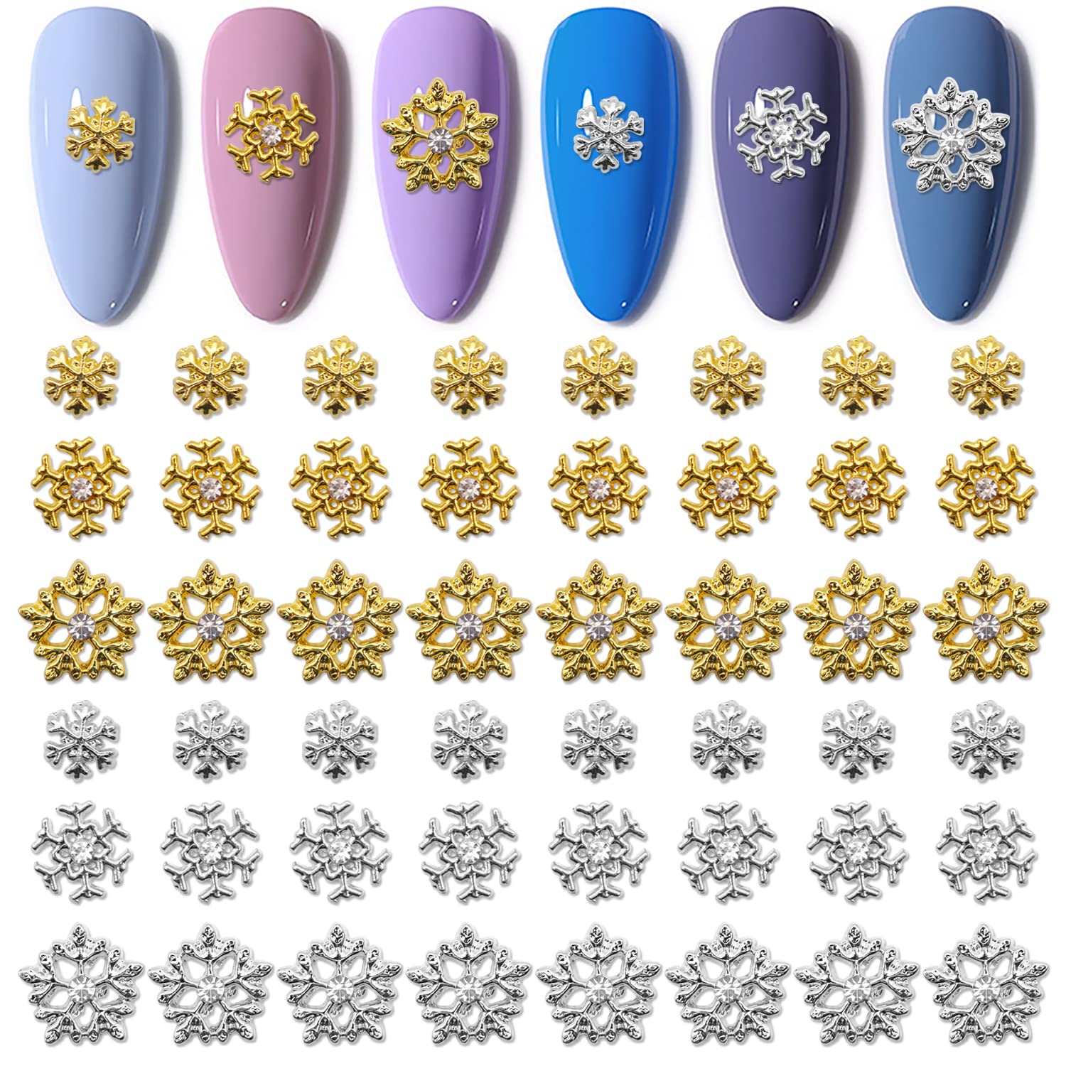 60 Pcs Gold & Silver 3D Snowflake Nail Charms - Christmas Nail Art Decorations for Acrylic Nails, Winter Manicure Rhinestones - Perfect for Holiday Parties & Festive Nail Designs