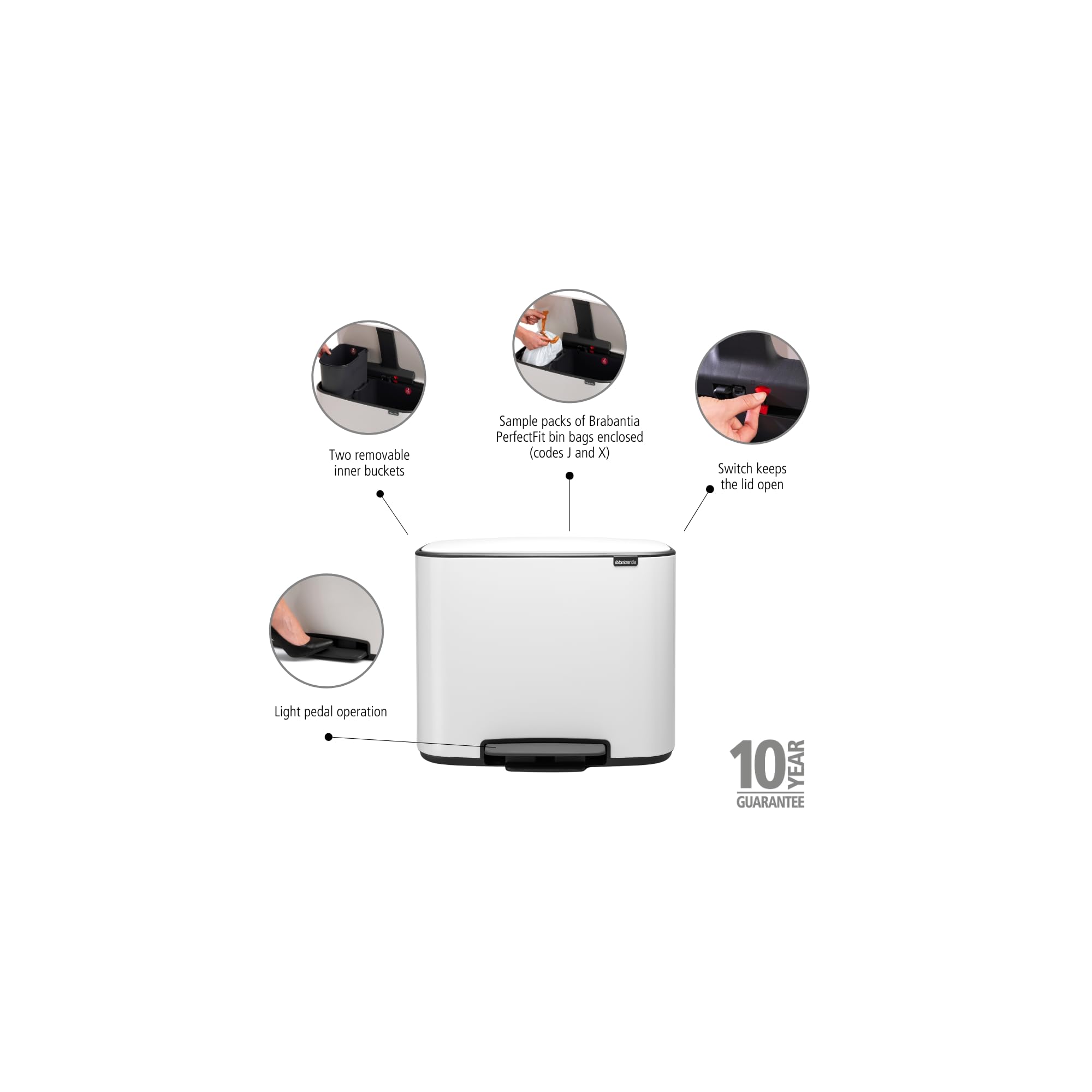 Brabantia Bo Step-On Pedal Trash Can - 3 & 6 Gallon Inner Buckets, White Waste & Recycling Garbage Bin with Removable Compartments + Free Bags - Perfect for Kitchen, Office, or Bathroom Organization