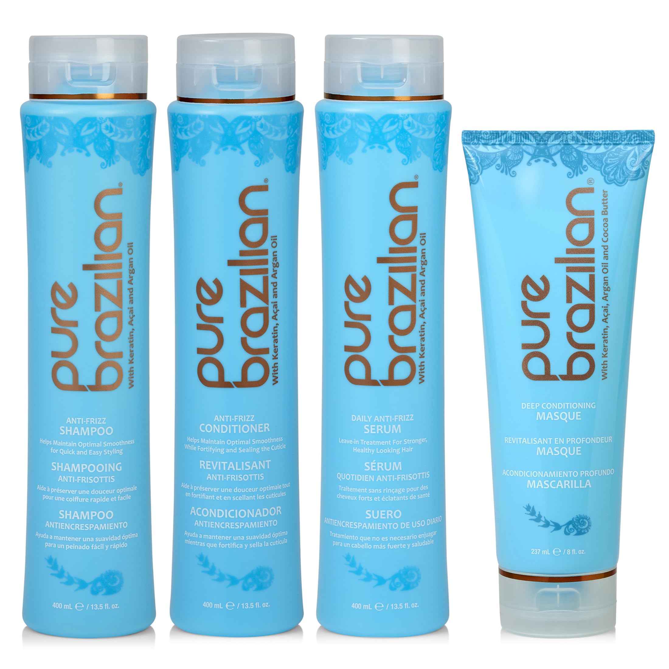 Pure Brazilian 4-Piece Hair Care Kit - Anti-Frizz Shampoo, Nourishing Conditioner, Hydrating Serum & Restorative Hair Mask for Smooth, Healthy Hair - Perfect for Dry, Damaged & Frizzy Hair Treatment at Home or Salon