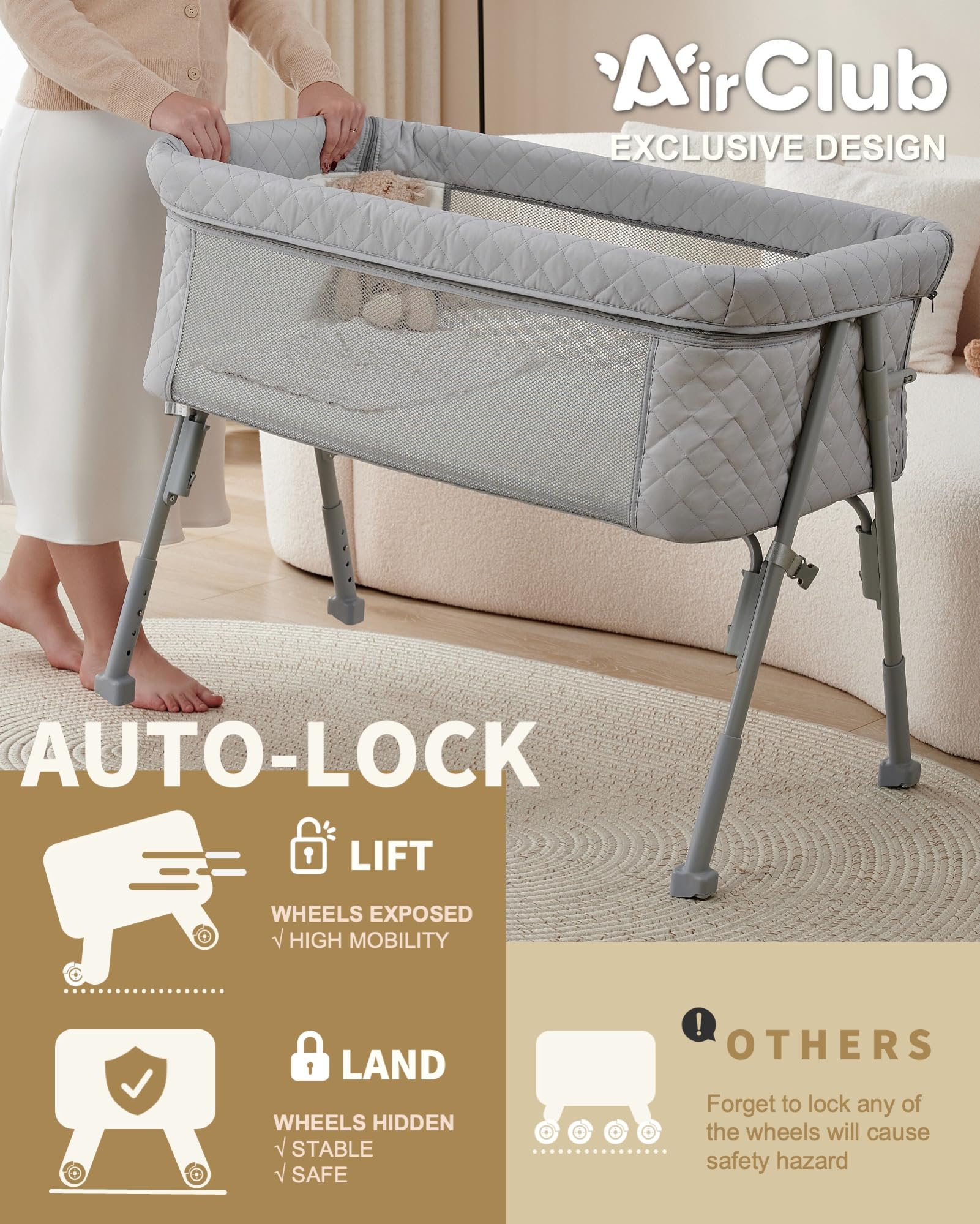 Portable Baby Bassinet Bedside Sleeper - Adjustable Height Crib for Newborns with Breathable Mesh & Mattress, 4 Auto-Lock Wheels - Perfect for Nursery, Bedroom & Travel Use