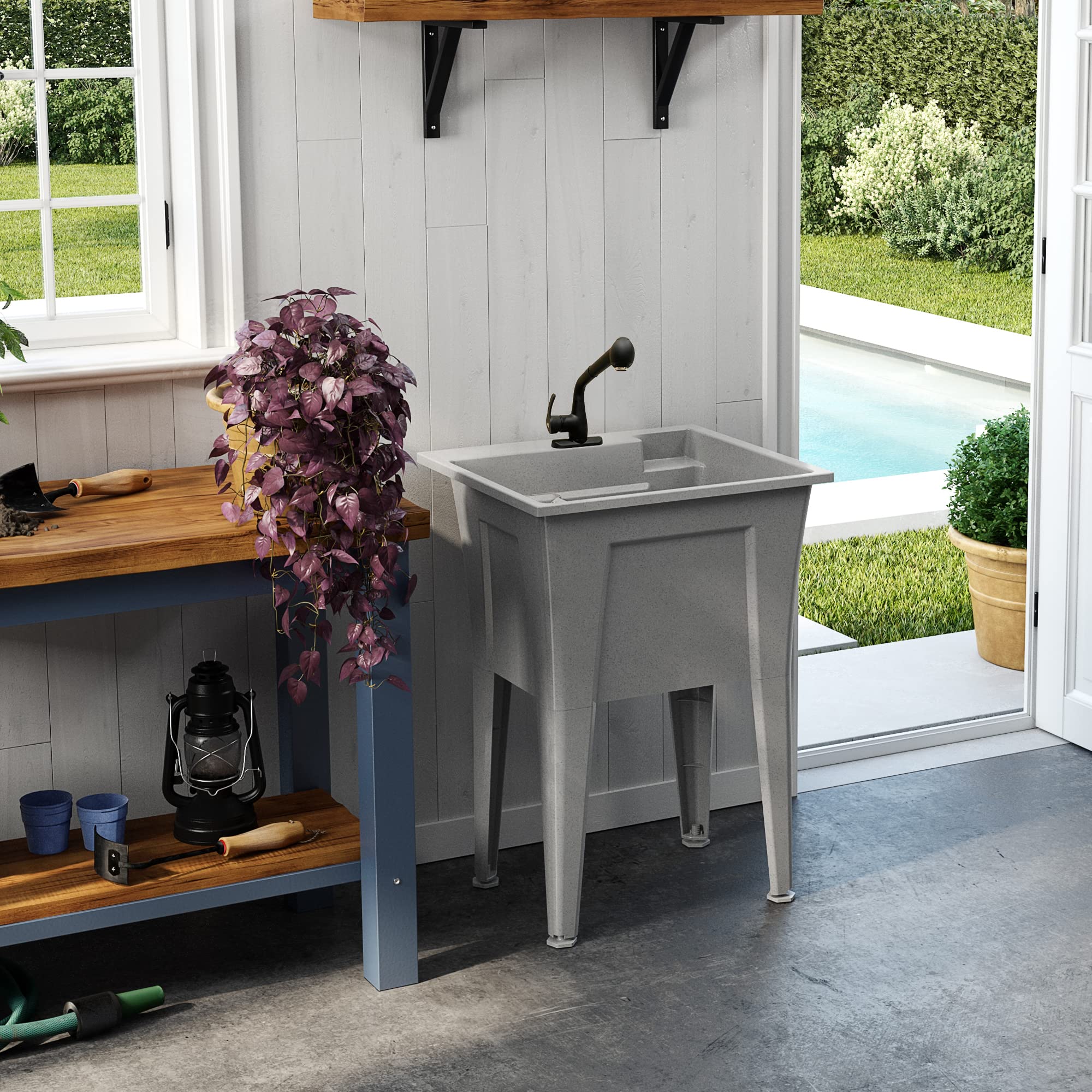 Utility Sink with One-Handle Matte Black Plastic Faucet – Durable Polypropylene Laundry Sink for Garage, Basement & Workshop – Heavy-Duty Grey Utility Tub for Indoor & Outdoor Use – Complete Sink Set with Drain (24” x 22” x 34”, 19.5 Gallons) – Perfect for Washing Pets, Cleaning Tools & DIY Projects