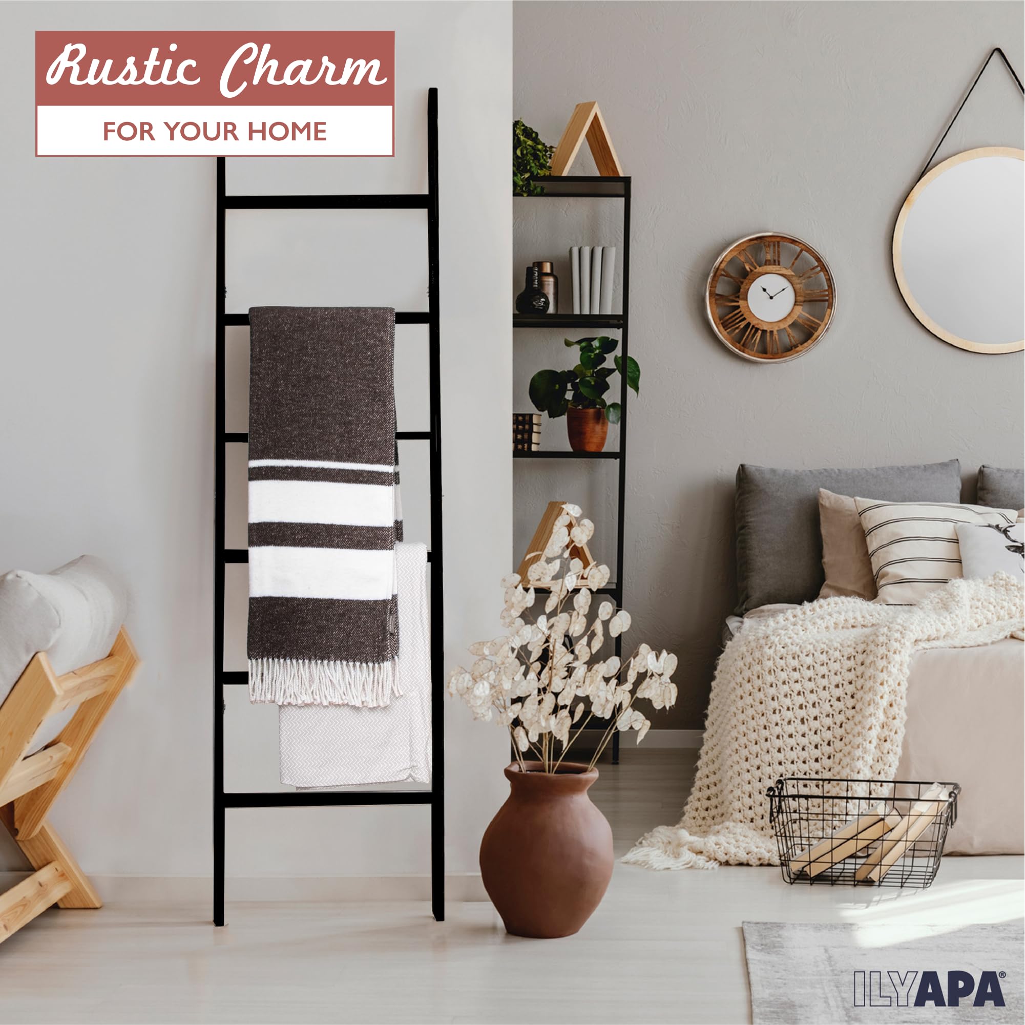 Rustic Blanket Ladder for Living Room - Foldable Decorative Quilt Ladder with Easy Storage | Black Weathered Wood Ladder for Blankets, Towels & Home Decor | Perfect for Living Rooms, Bedrooms & Bathrooms