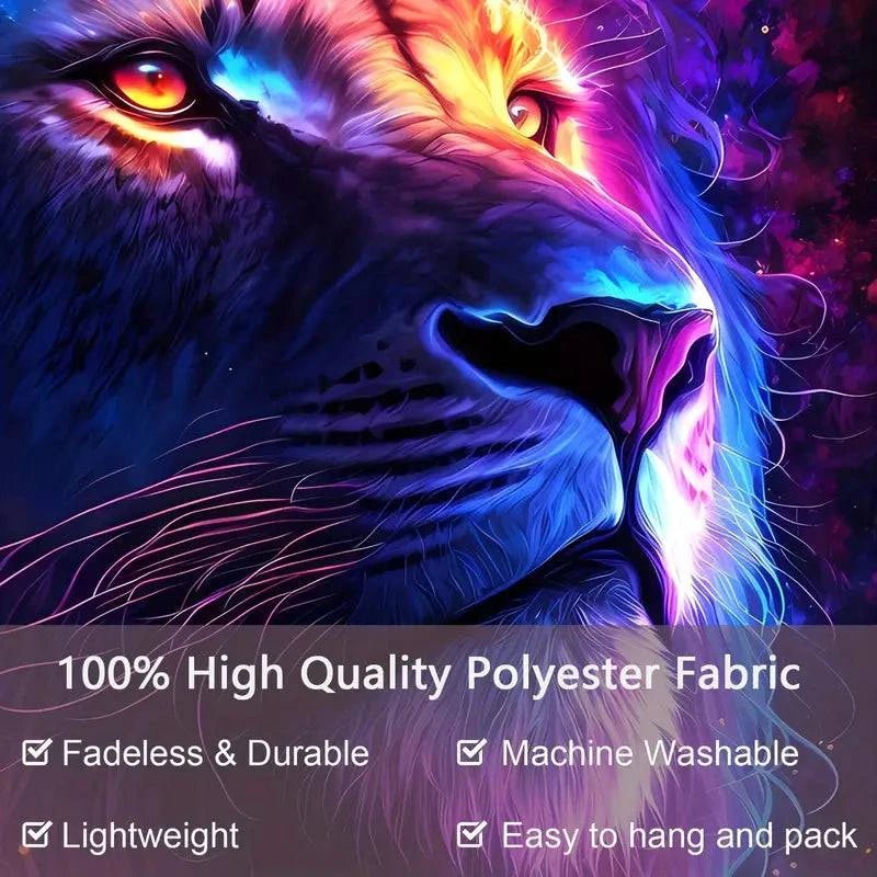 Lion Tapestry Wall Hanging - UV Reactive Glow in The Dark Art Decor for Bedroom, Dorm & Festival - Unique Hippie Boho Tapestry for Home Decor