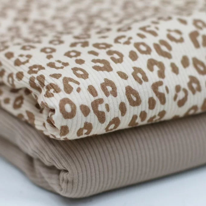Leopard Print Beige Ribbed Knit Sweater - Women's Fashion Tops for Casual Wear & Fall Outfits
