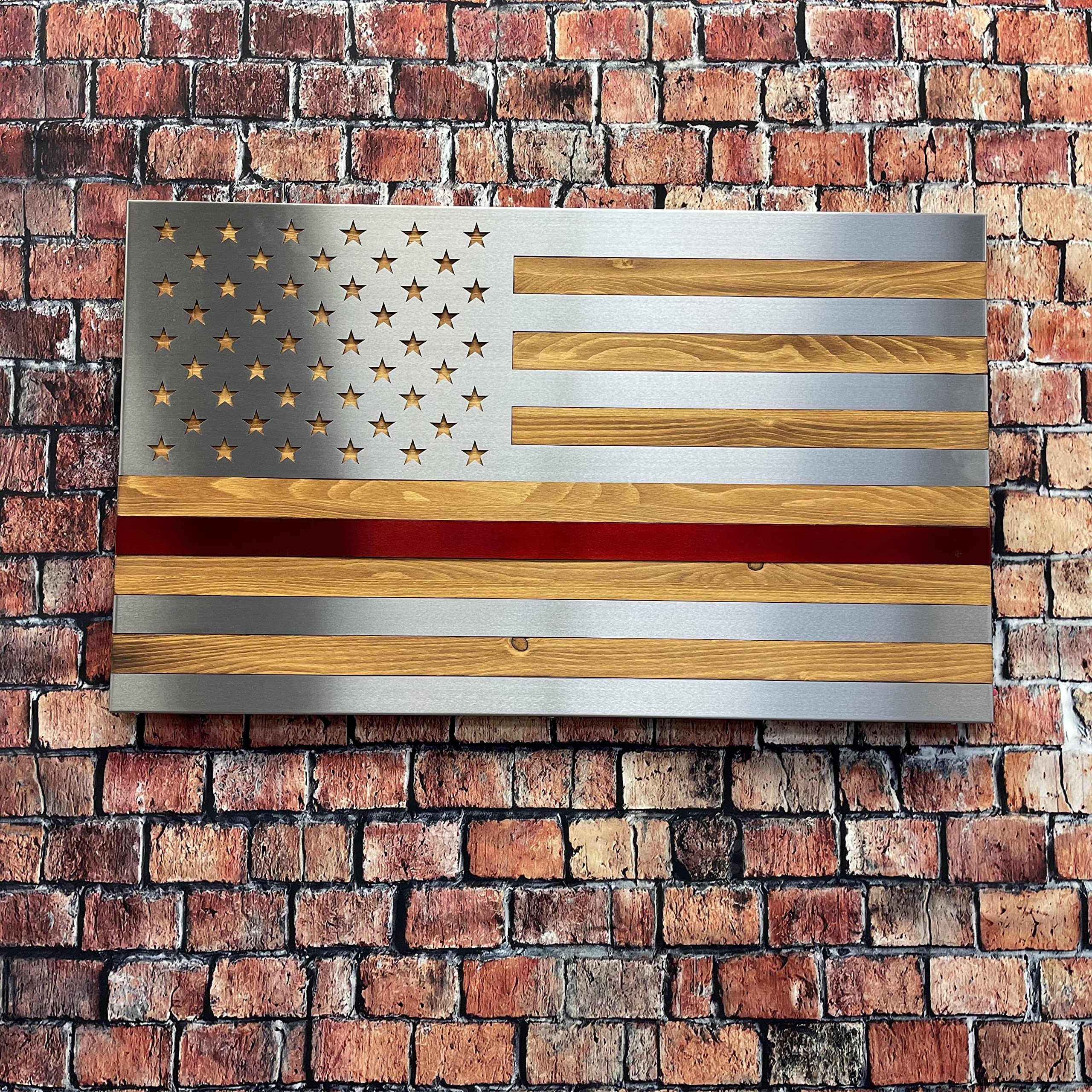 Burnt & Oiled Pine with Polished Steel Inlay American Flag Wall Art - Rustic Patriotic Home Decor for Living Room, Office & Man Cave