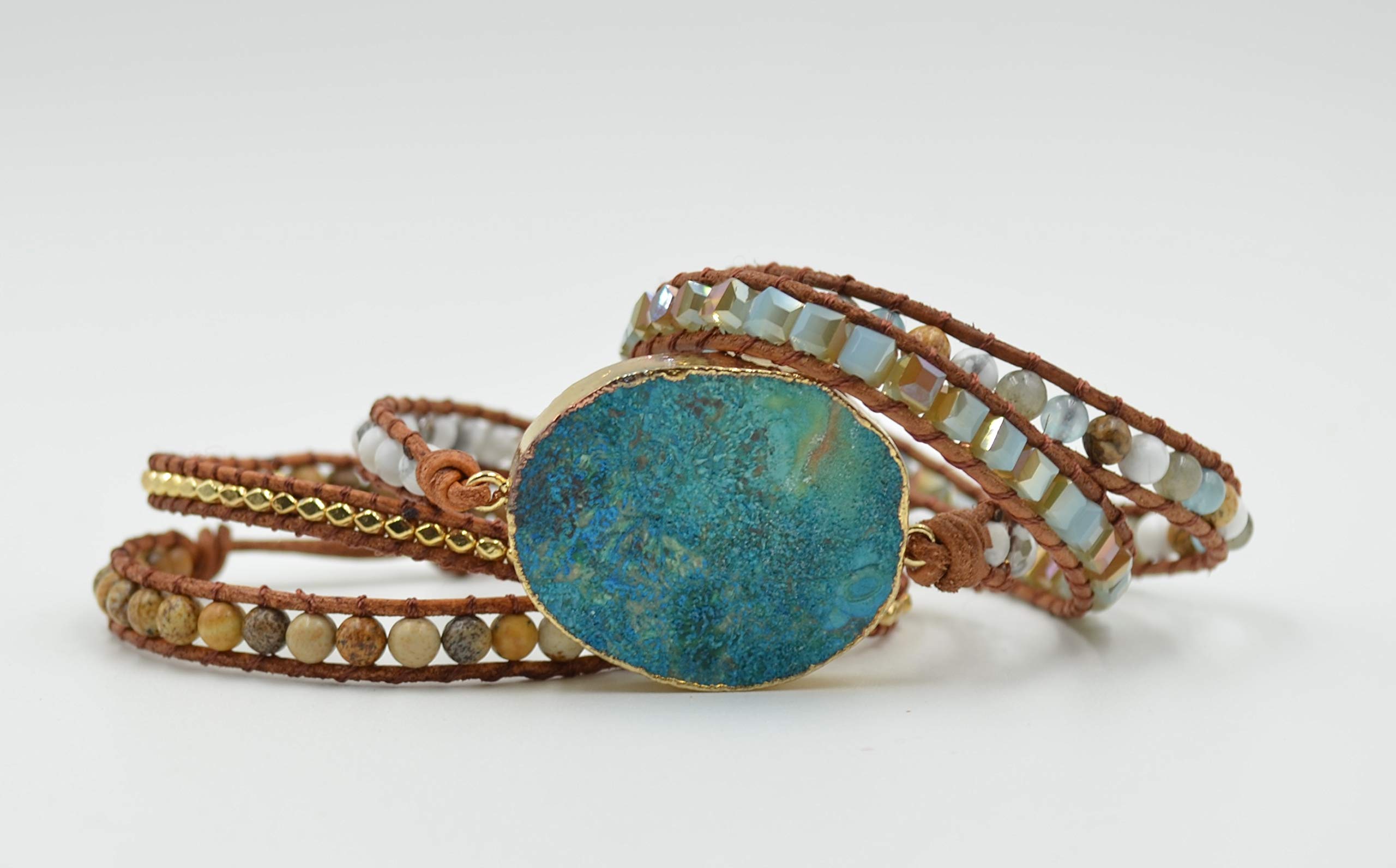 5 Wrap Gold Plated Beaded Leather Bracelet for Women - Natural Turquoise & Ocean Jasper Stone Fashion Jewelry | Perfect Gift for Birthday, Anniversary & Everyday Wear