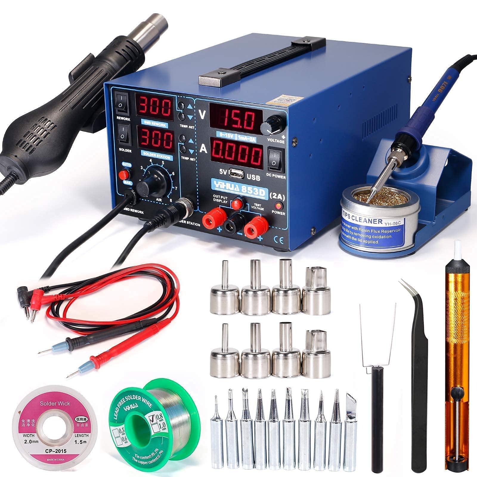 YIHUA 853D 2A USB Professional Soldering Station with Hot Air Rework & Power Supply - Includes 2300 Nozzles, Iron Holder, Cleaning Kit & 29 Accessories for Electronics Repair, DIY Projects & PCB Work
