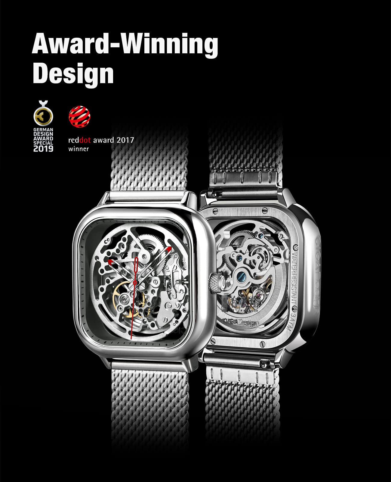 CIGA Design Automatic Mechanical Watch C Series - Skeleton Analog Wristwatch for Men & Women with Milanese & Leather Straps, Sapphire Crystal Glass - Perfect for Business, Formal Events & Luxury Gifts