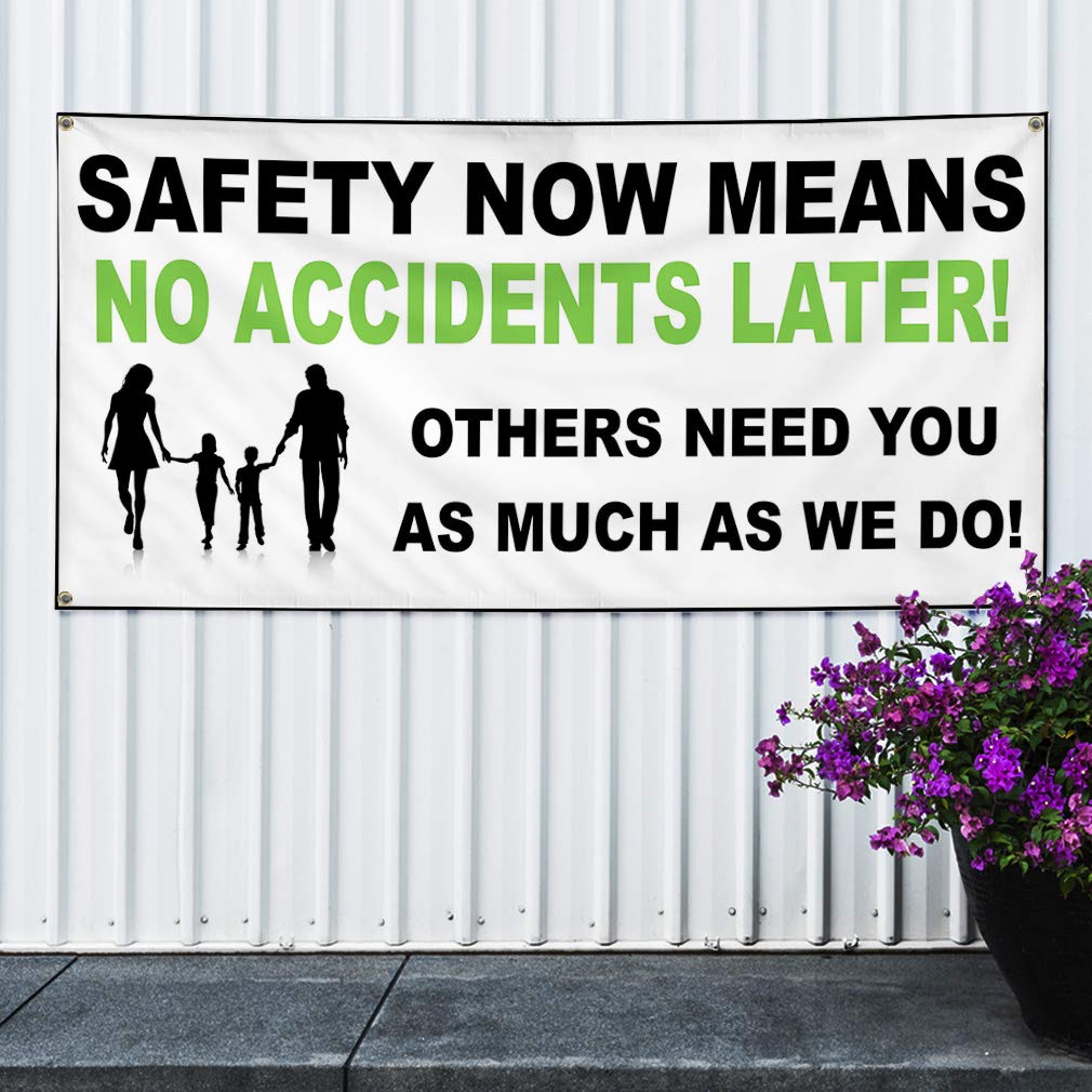 40x100 Inch Heavy Duty Vinyl Safety Banner - 'Safety Now Means No Accidents' White Advertising Sign with 8 Rust-Proof Grommets for Construction Sites, Warehouses & Workplace Safety Awareness