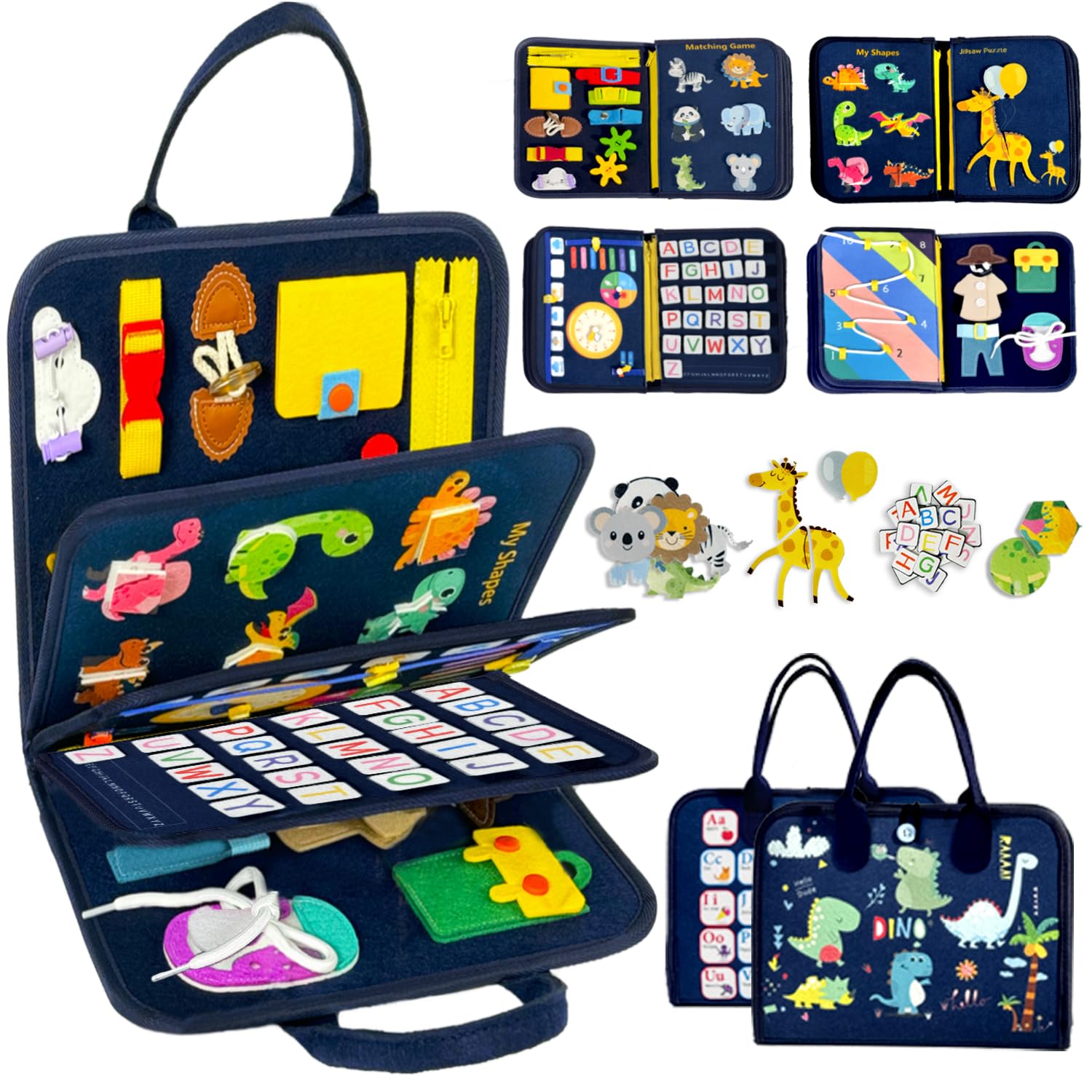 Qizfun Montessori Busy Board Book - Sensory Learning & Educational Toys for Toddlers 1-4 Years Old | Best Travel Activity Toy for Airplane & Car Rides | Perfect Birthday Gift for Boys & Girls 1-3 Years | Develop Fine Motor Skills & Early Learning