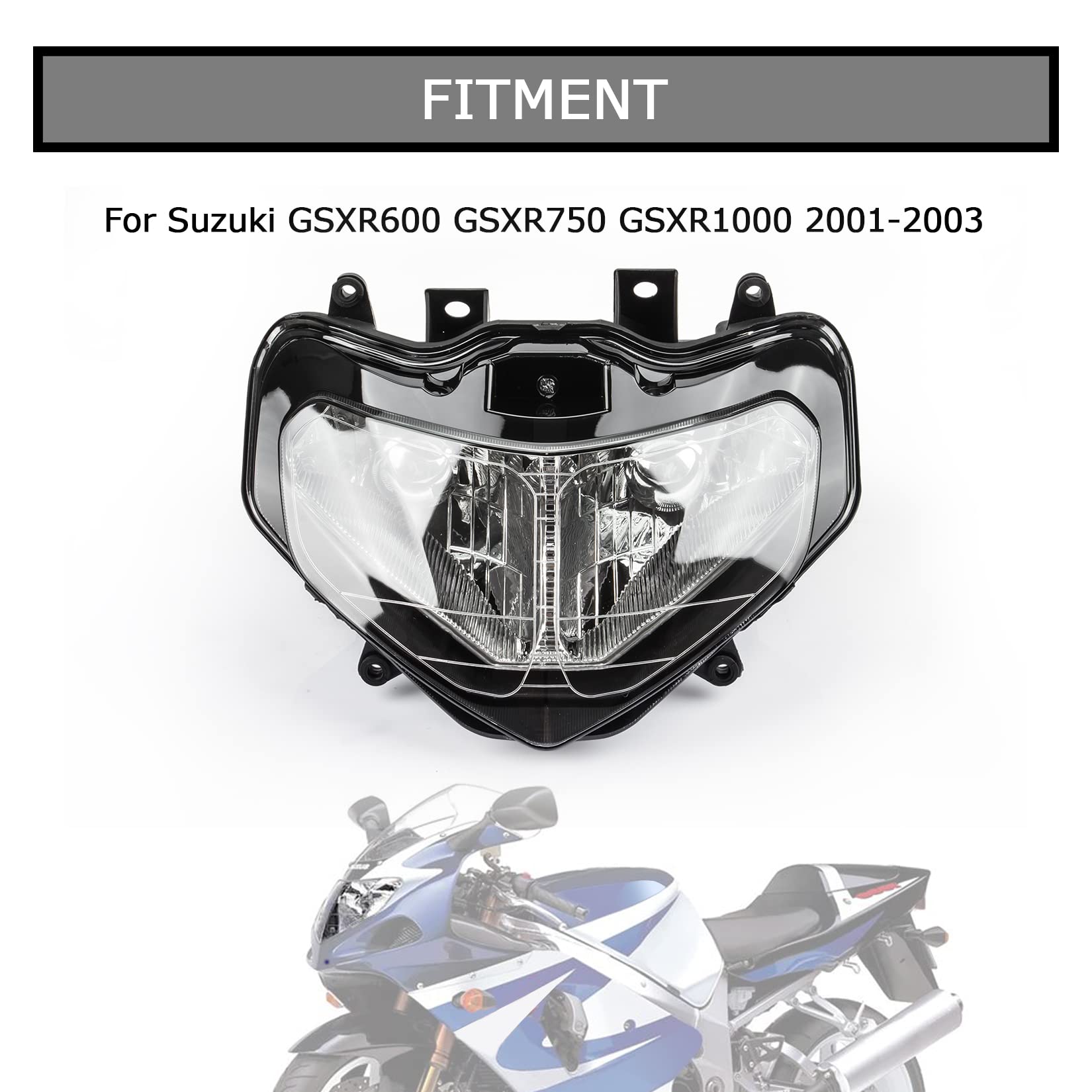 PSLER GSXR 600 700 1000 Headlight Assembly Replacement for 2001-2003 Suzuki GSXR600 GSXR700 GSXR1000 K1 K2 Models - Motorcycle Lighting Upgrade for Night Riding & Street Performance