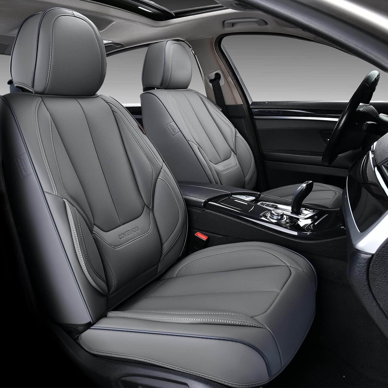 Coverado Full Set Car Seat Covers - Waterproof Nappa Leather Car Seat Protectors for Front & Back Seats (Gray) | Universal Fit for Most Vehicles | Perfect for Daily Commute, Road Trips & Pet Protection