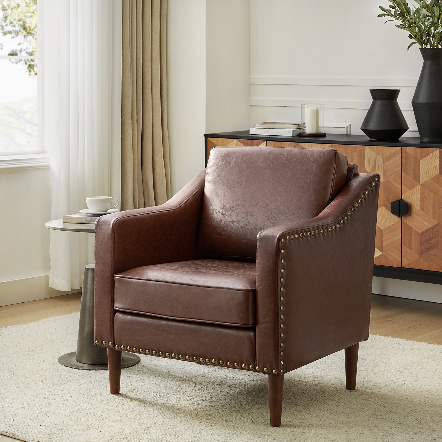 Rafaella Vegan Leather Armchair with Solid Wood Legs - Modern Vegan Leather Lounge Chair with Sturdy Wooden Legs for Living Room, Office, or Reading Nook