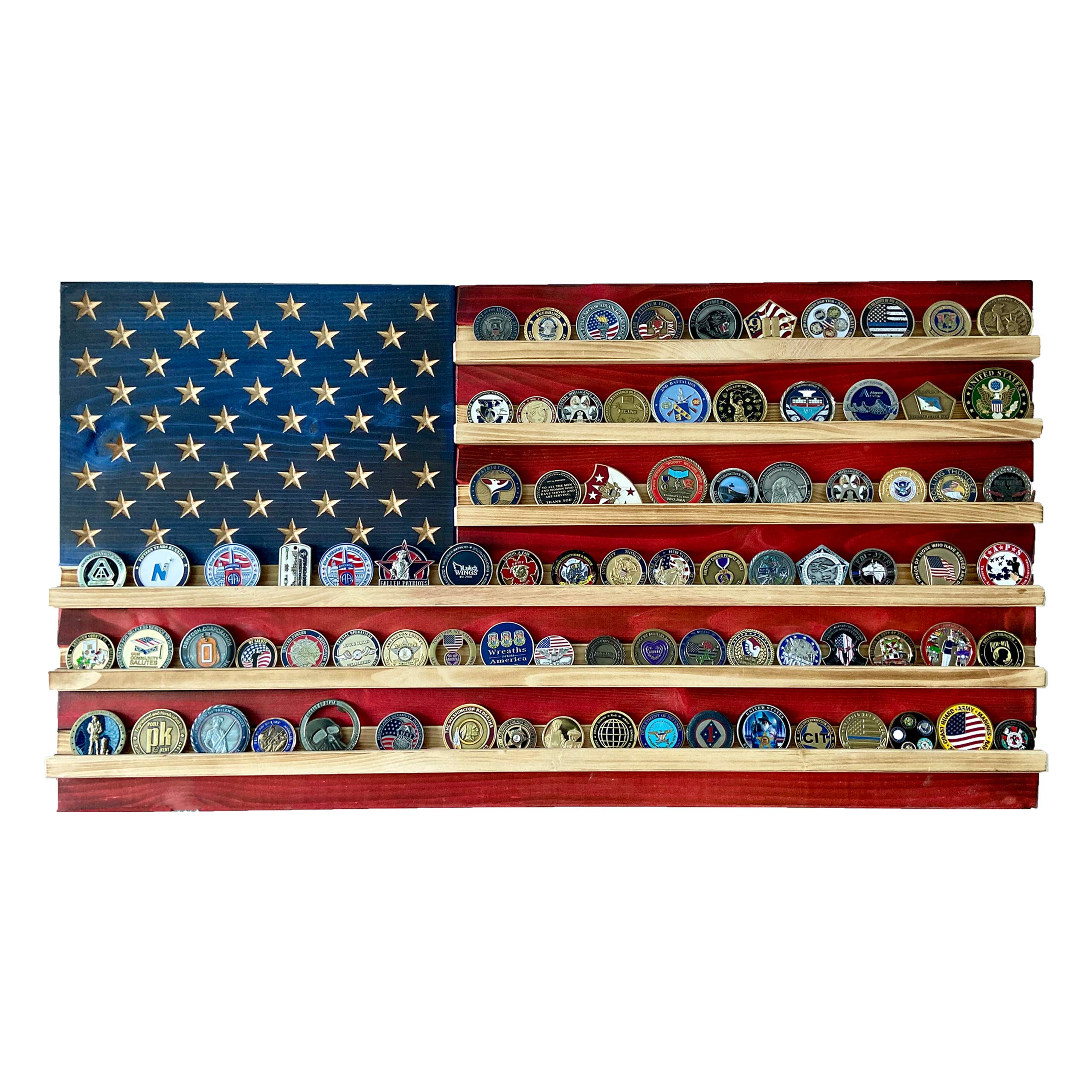 Flags of Valor American Flag Challenge Coin Display - Holds 100 Military Coins, Patriotic Wall Decor Made in USA by Veterans (Large 19x36 Inches) - Perfect for Military Home Decor, Veteran Gifts & Patriotic Office Display