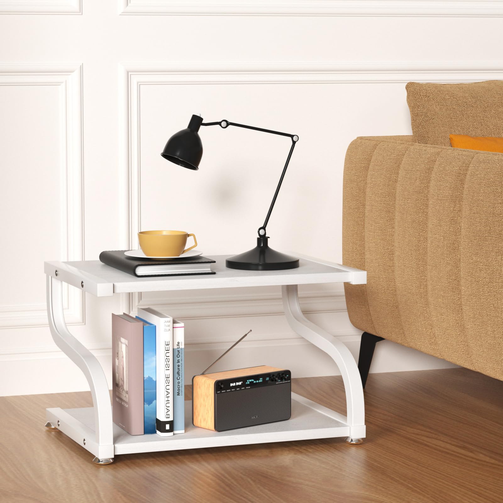 2-Tier Heavy Duty Wooden Printer Stand with Storage - Anti-Slip Desktop Shelf Organizer for Home & Office Workspace - Perfect for Printer, Scanner, and Office Supplies Organization (White)