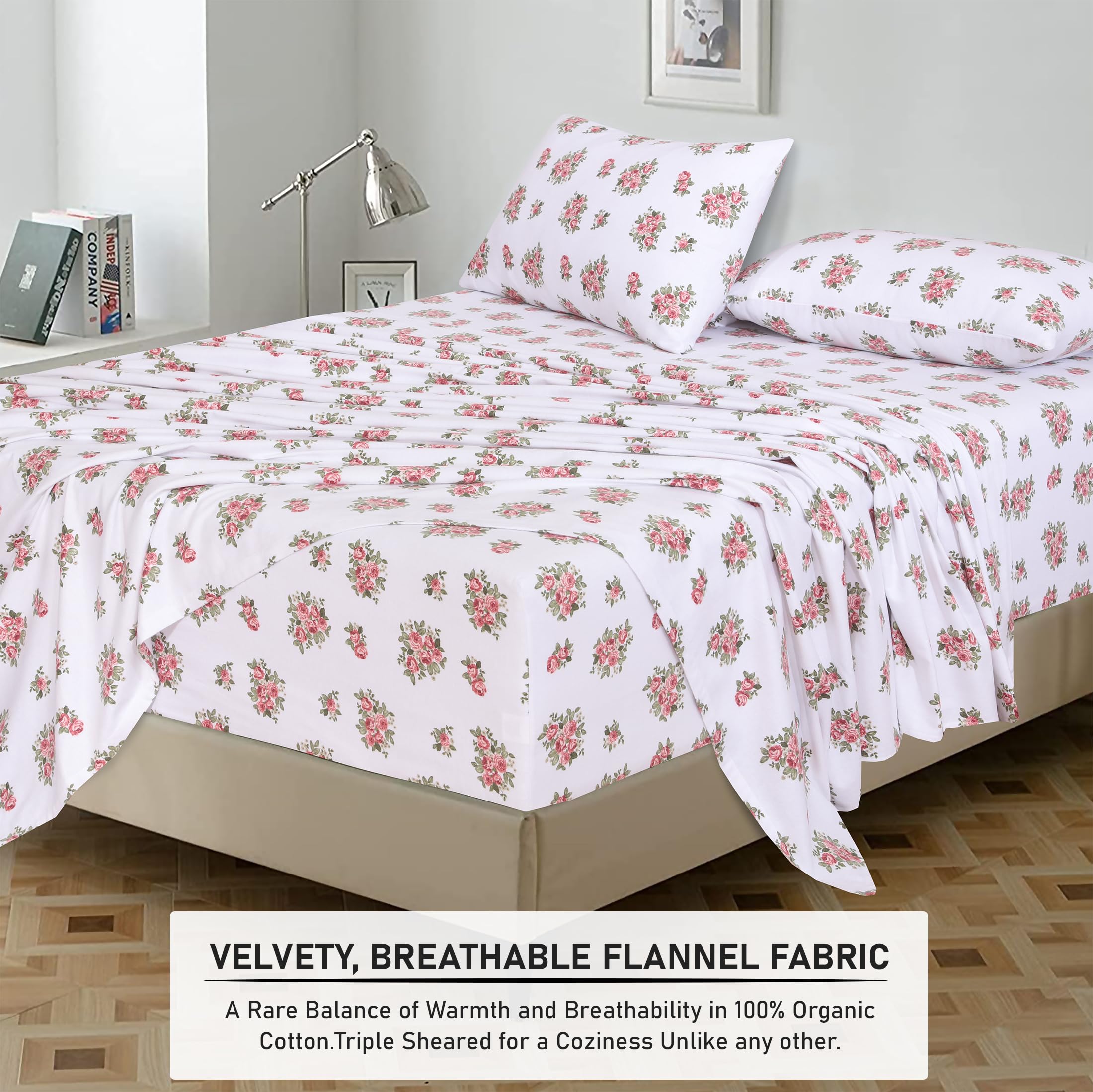 RUVANTI 100% Cotton Flannel Sheets King Size Set - Ultra Soft & Breathable 4-Piece Bedding with 16