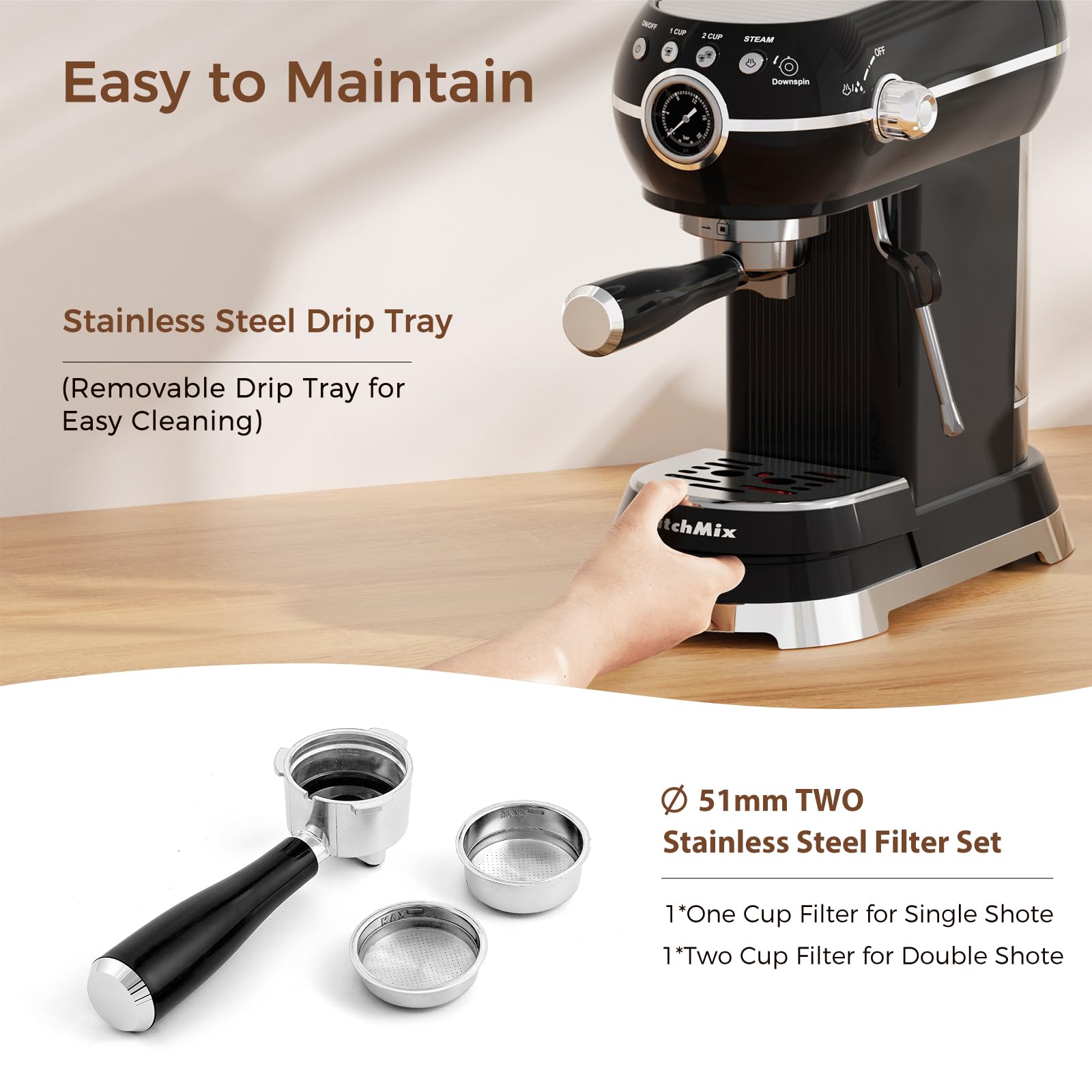 20 Bar Espresso Machine with Milk Frother - Professional Coffee Maker for Latte, Cappuccino & Espresso - Removable Water Tank & Steam Wand - Perfect for Home, Office & Coffee Shops (Black)