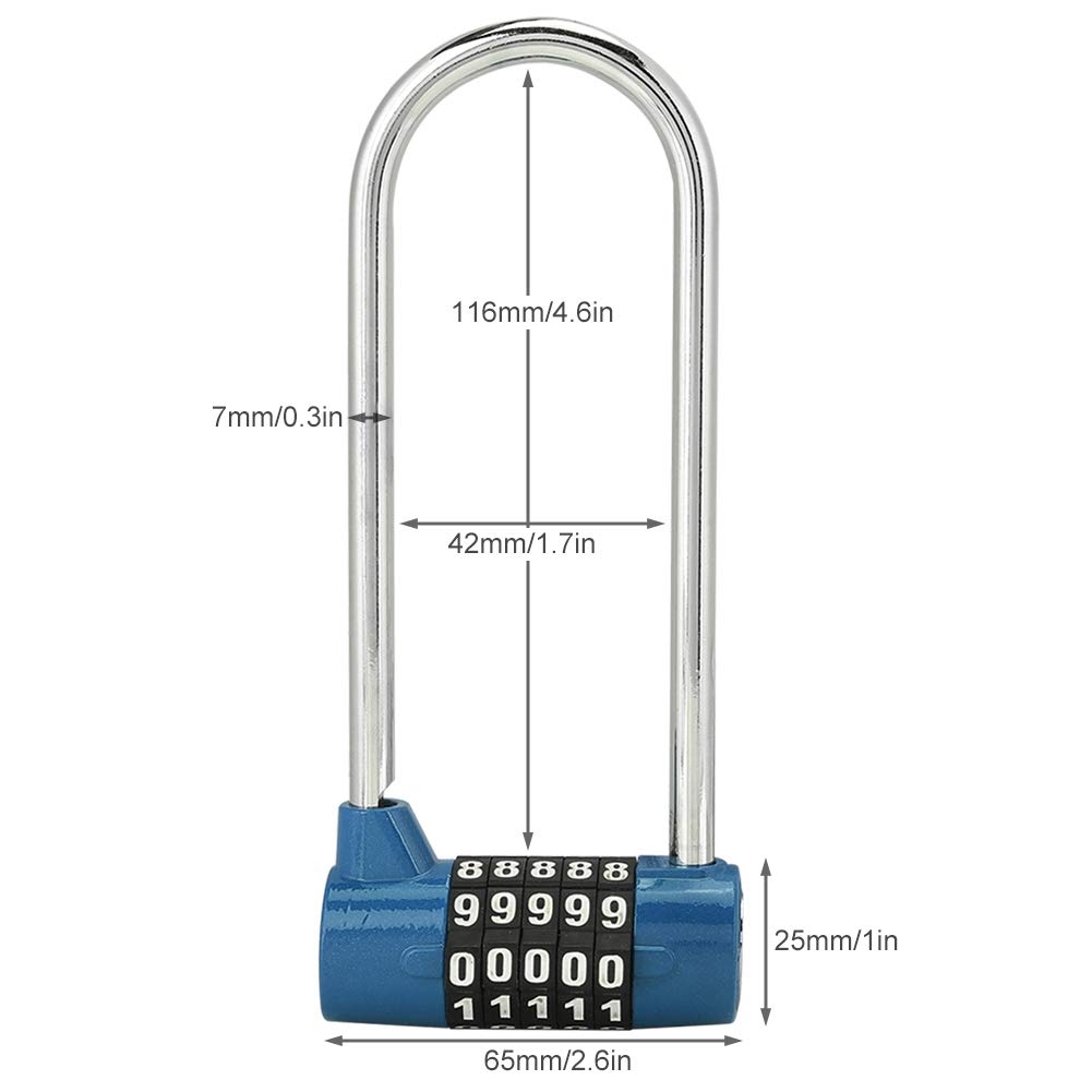 Sonew 5-Digit Combination Alloy Padlock - U-Shape Security Code Lock with Extra Long Shackle for Cabinet, Door, Locker - Resettable Combo Lock for Gym, School, Storage (Blue) - Ideal for Lockers, Toolboxes, and Outdoor Gates