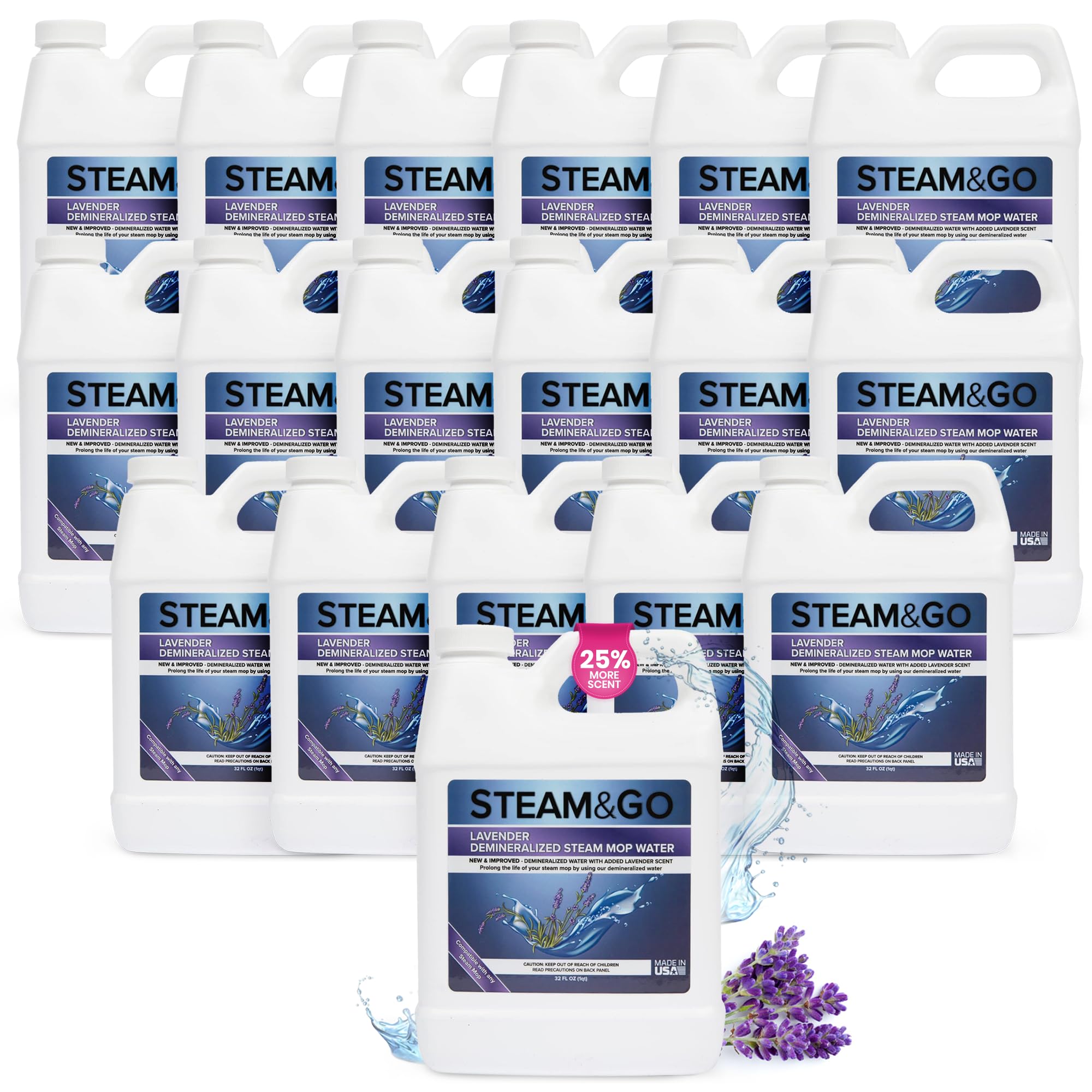 Steam & Go Demineralized Water for Steam Mops - PVC-Free Floor Cleaner Solution (32 oz, Pack of 18) | Ready-to-Use Multi-Surface Cleaner with Lavender Scent | Compatible with All Steam Mops & Floor Steamers | Perfect for Hardwood, Tile & Laminate Floors