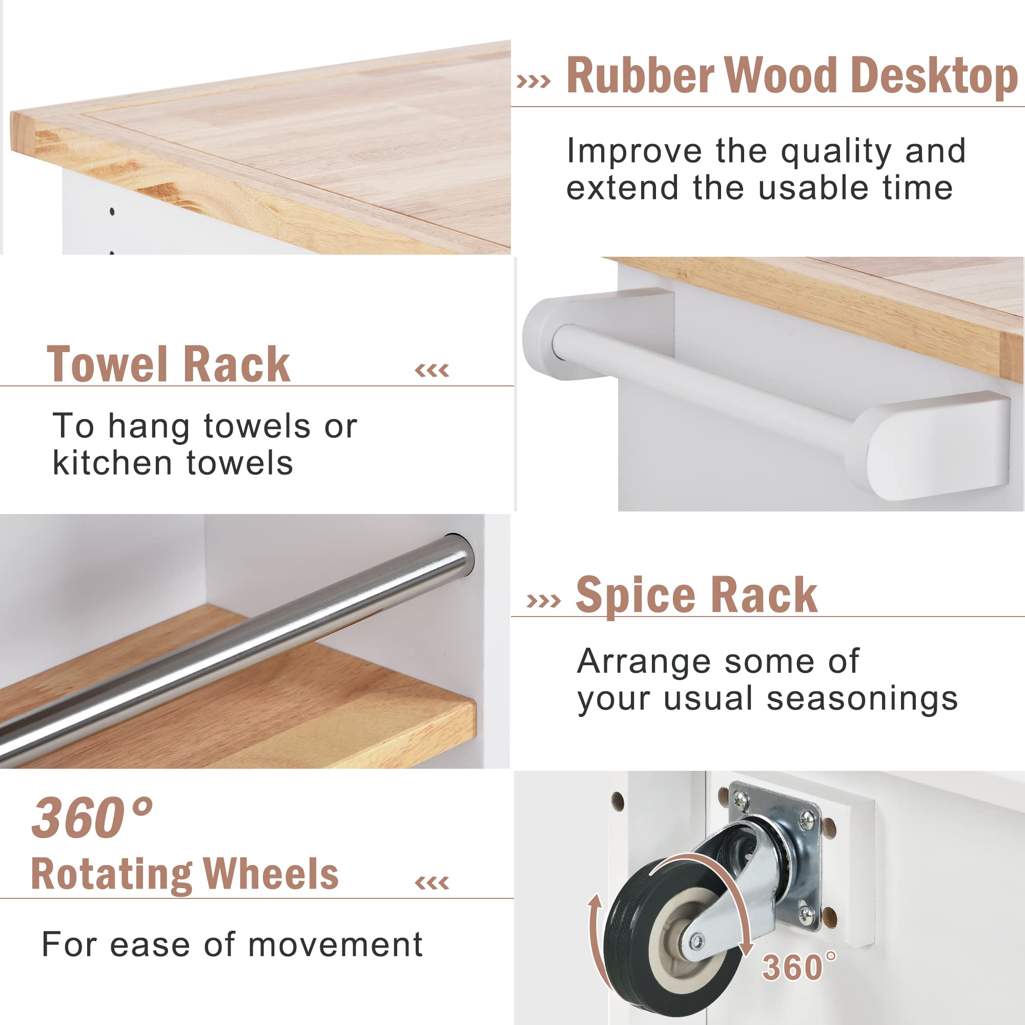 Goujxcy White Rolling Kitchen Island Cart with Lockable Casters, Adjustable Shelves, Drawers & Cabinets for Storage, Mobile Kitchen Cart for Small Spaces, Dining Room & Apartment Use (A1-Brown2)