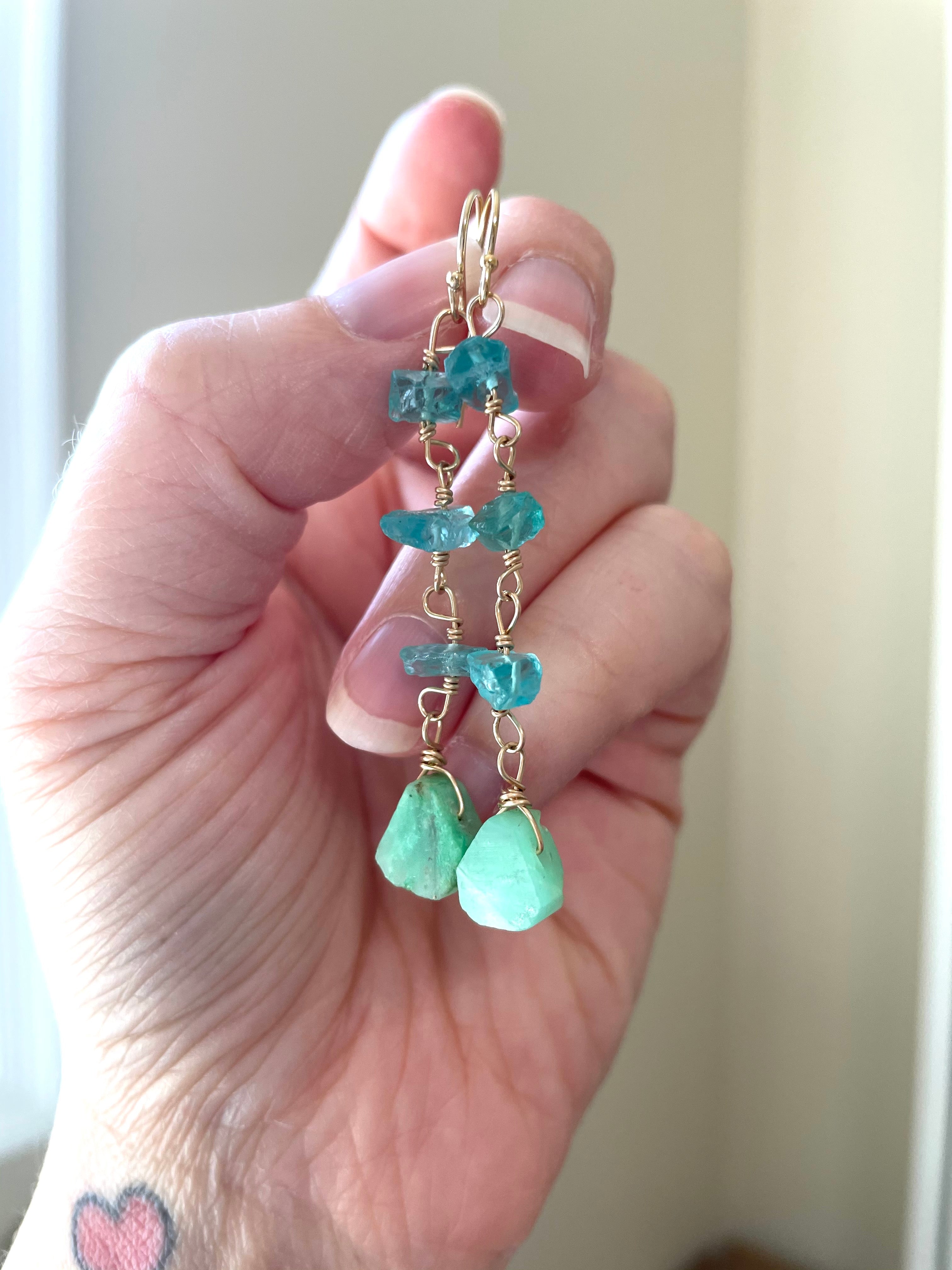 Natural Raw Crystal Earrings - Apatite & Chrysoprase Gold Filled Dangle Earrings for Women | Boho Chic Jewelry, Gift for Her, Wedding, Party & Everyday Wear