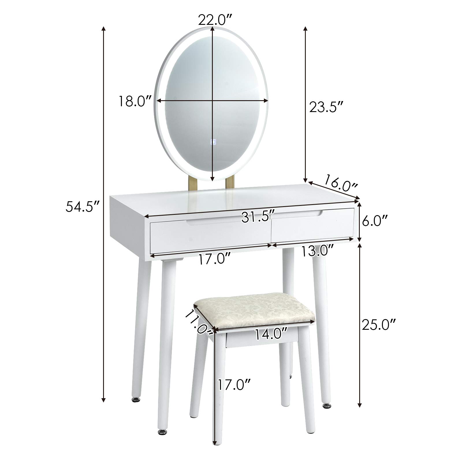 Charmaid Vanity Set with LED Lighted Mirror - 3 Adjustable Brightness Modes, Makeup Dressing Table with Cushioned Stool & 2 Sliding Drawers - Modern Bedroom Vanity for Women & Girls (White) - Perfect for Makeup Application, Skincare Routine & Home Decor