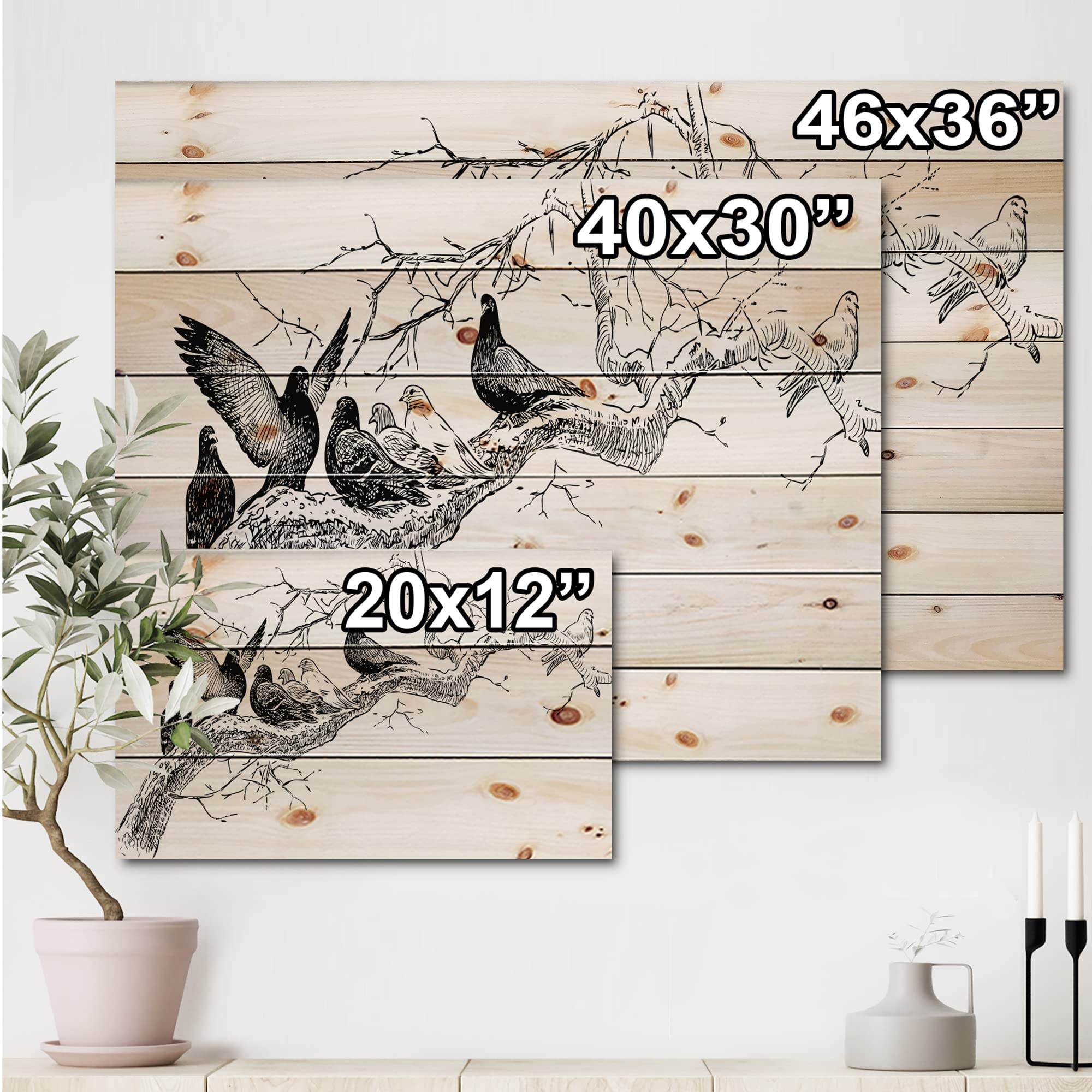 DesignQ Traditional Wood Wall Art - Pigeons on Tree Branch White Pine Wood Decor, Large Landscape Wall Panels for Living Room, Bedroom & Office