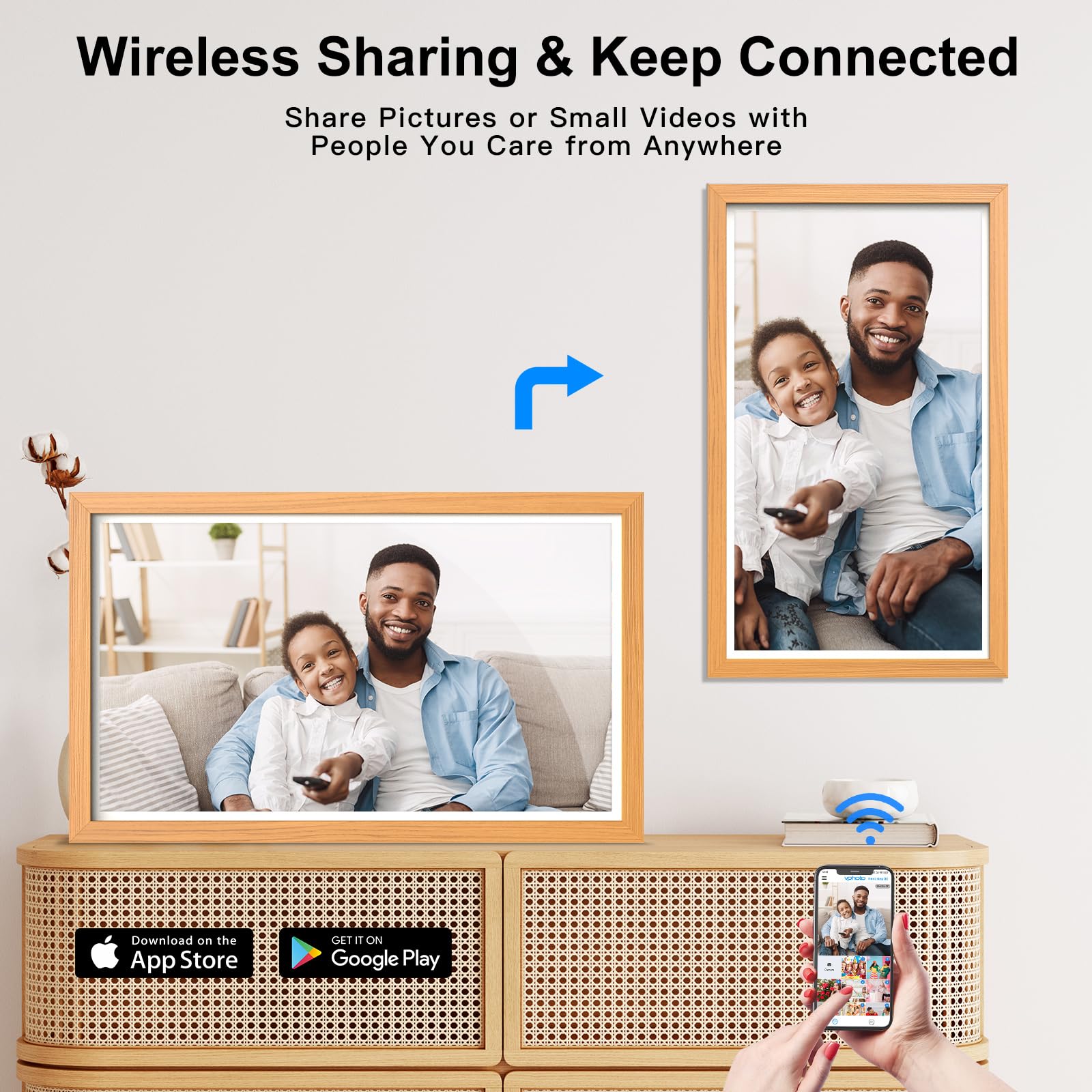 21.5-inch Smart Digital Picture Frame with 1920x1080 IPS Screen - Wireless Photo Sharing via App, Phone Mirroring, Perfect Gift for Family (Wood Effect) - Display Memories in Living Room, Bedroom or Office