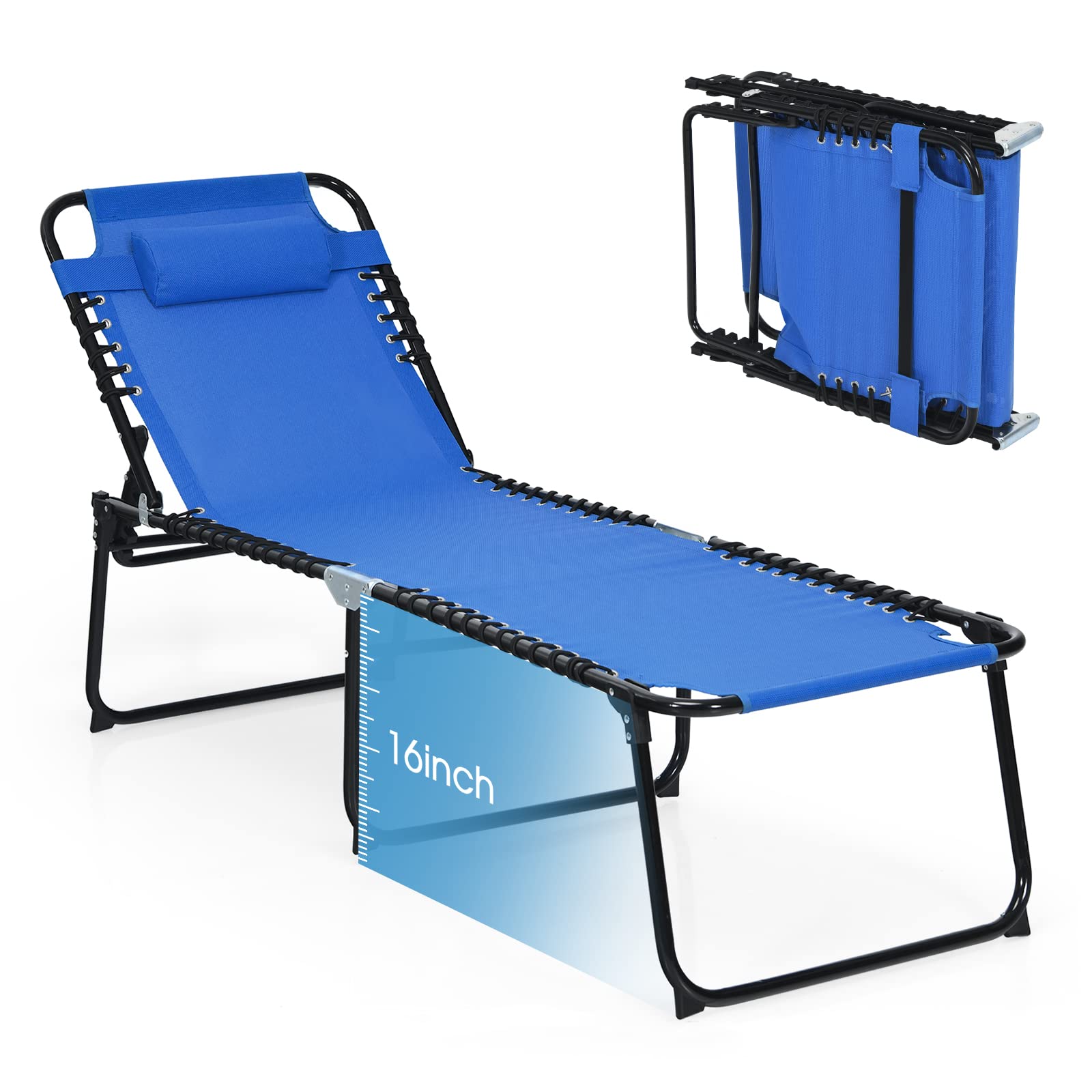 Gymax Outdoor Lounge Chair - Extra Tall Folding Beach Chair with 4-Position Adjustable Backrest, 2-Level Footrest & Detachable Pillow - Perfect for Tanning, Sunbathing by Pool, Patio, Lawn or Backyard (Navy Blue)