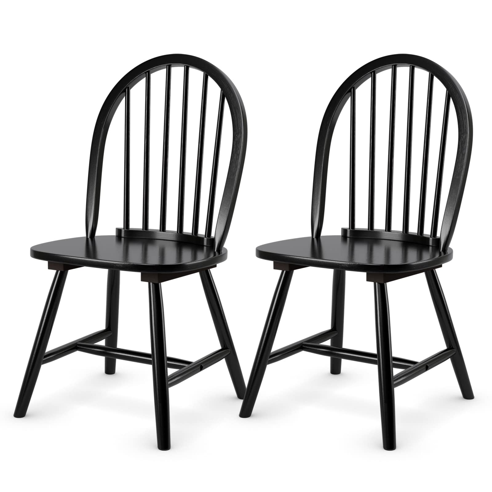 KOTEK Set of 2 Windsor Dining Chairs - Solid Wood Spindle Back Chairs with Wide Seat, Farmhouse Style Armless Side Chairs for Kitchen, Dining Room & Living Room - Perfect for Family Gatherings & Home Decor (Black)