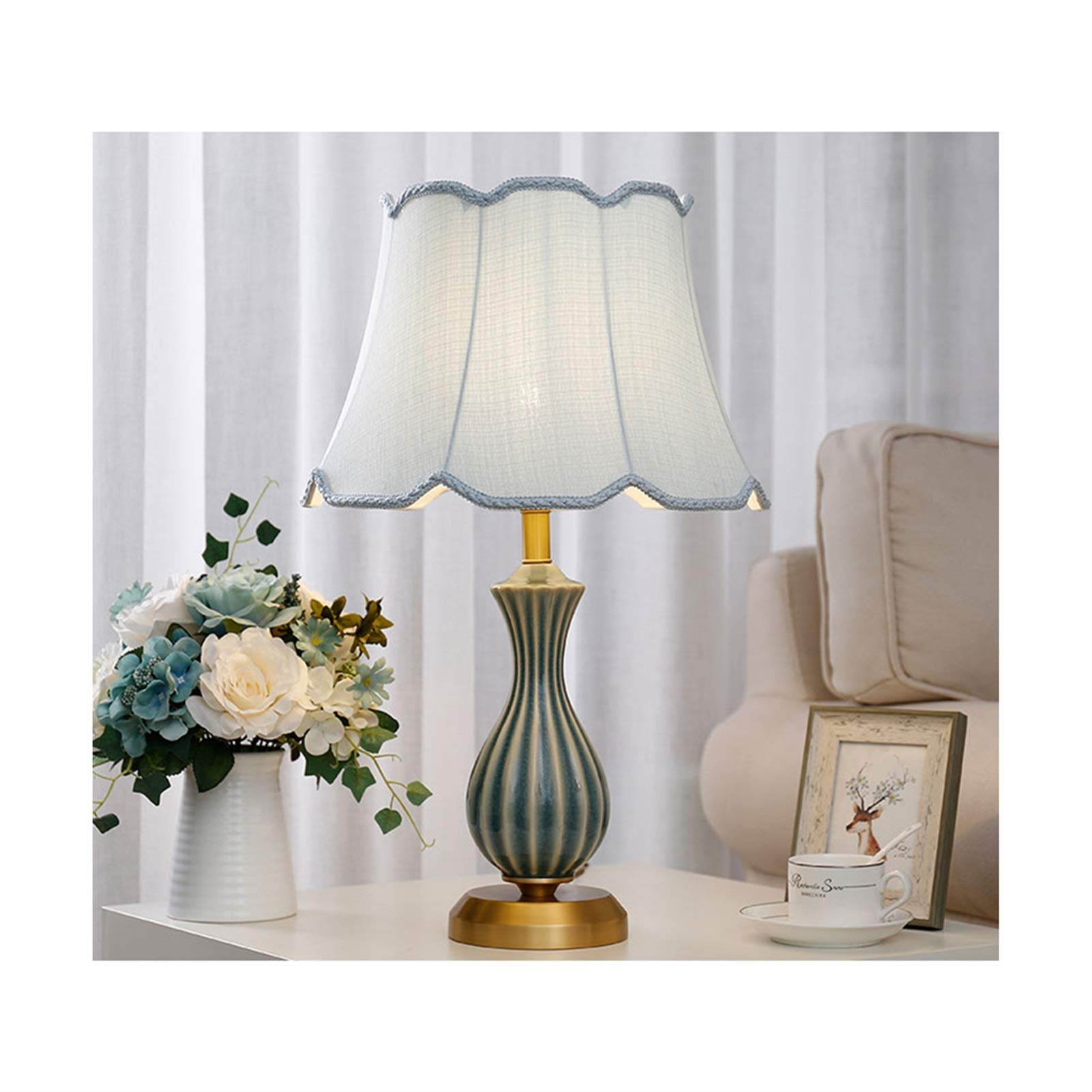 Ceramic Table Lamp with Copper Plating - Bedside Nightstand Lamp for Bedroom, Living Room & Study, E27 Socket with Fabric Lampshade, Decorative Striped Vase Design - Perfect for Reading, Relaxing & Ambient Lighting