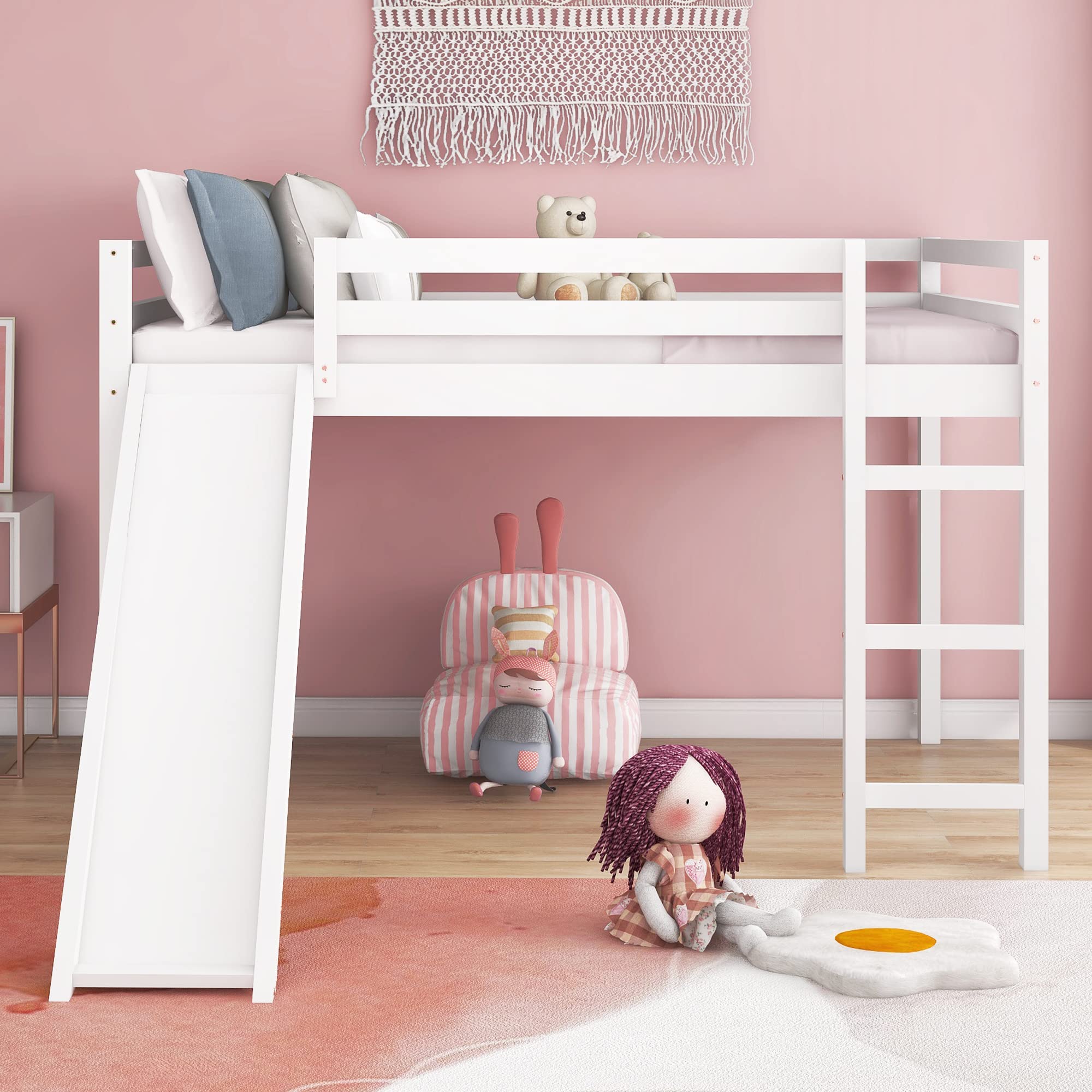 **Full Size Loft Bed with Slide & Ladder - Sturdy Wooden Low Loft Bed Frame for Kids, Teens, Boys & Girls - Safety Rail Included - No Box Spring Needed - Easy Assembly (White) - Perfect for Small Bedrooms, Playrooms & Dorm Rooms**