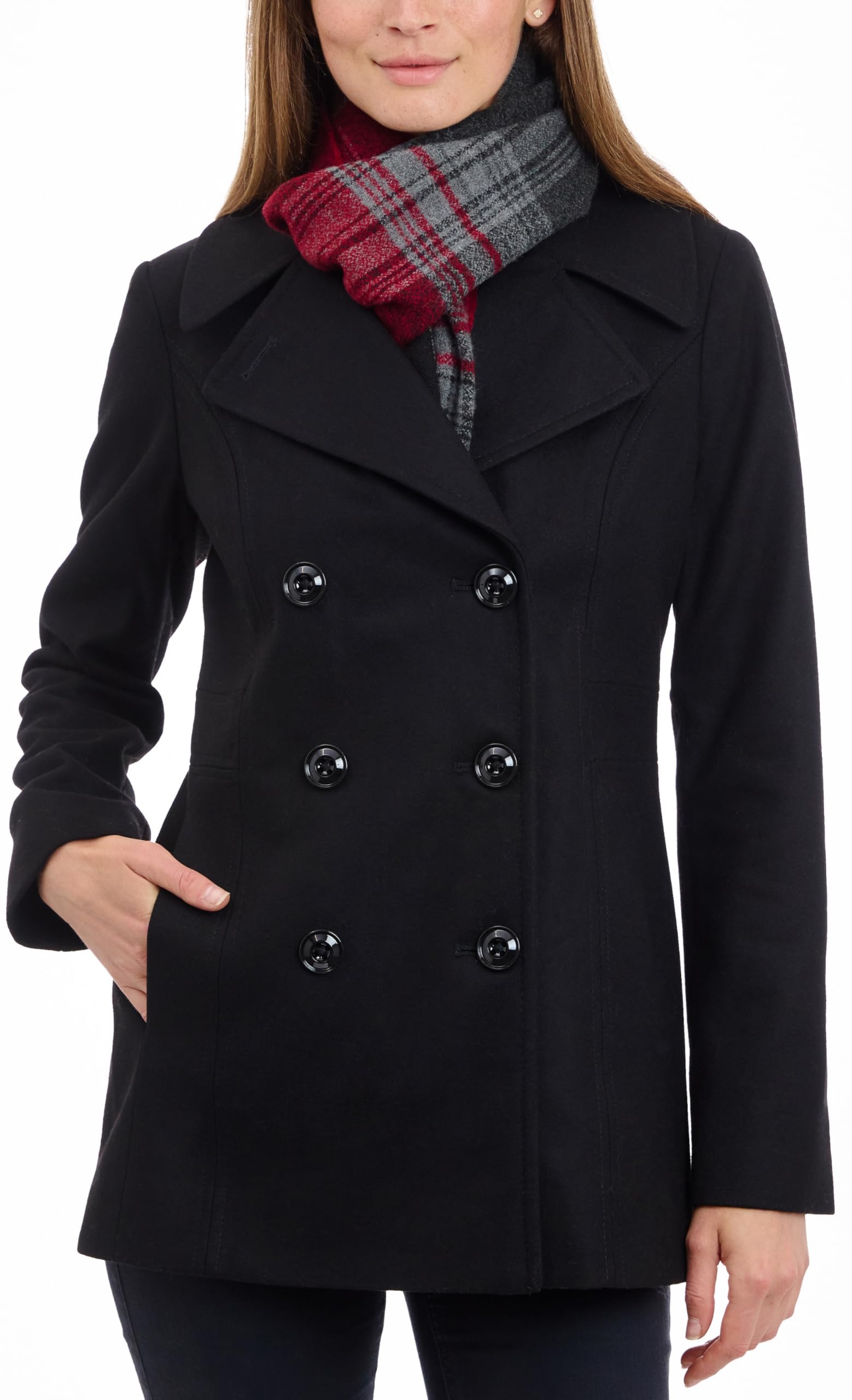 London Fog Women's Classic Double Breasted Wool Peacoat with Detachable Scarf - Winter Warm Trench Coat for Office, Dating & Formal Occasions