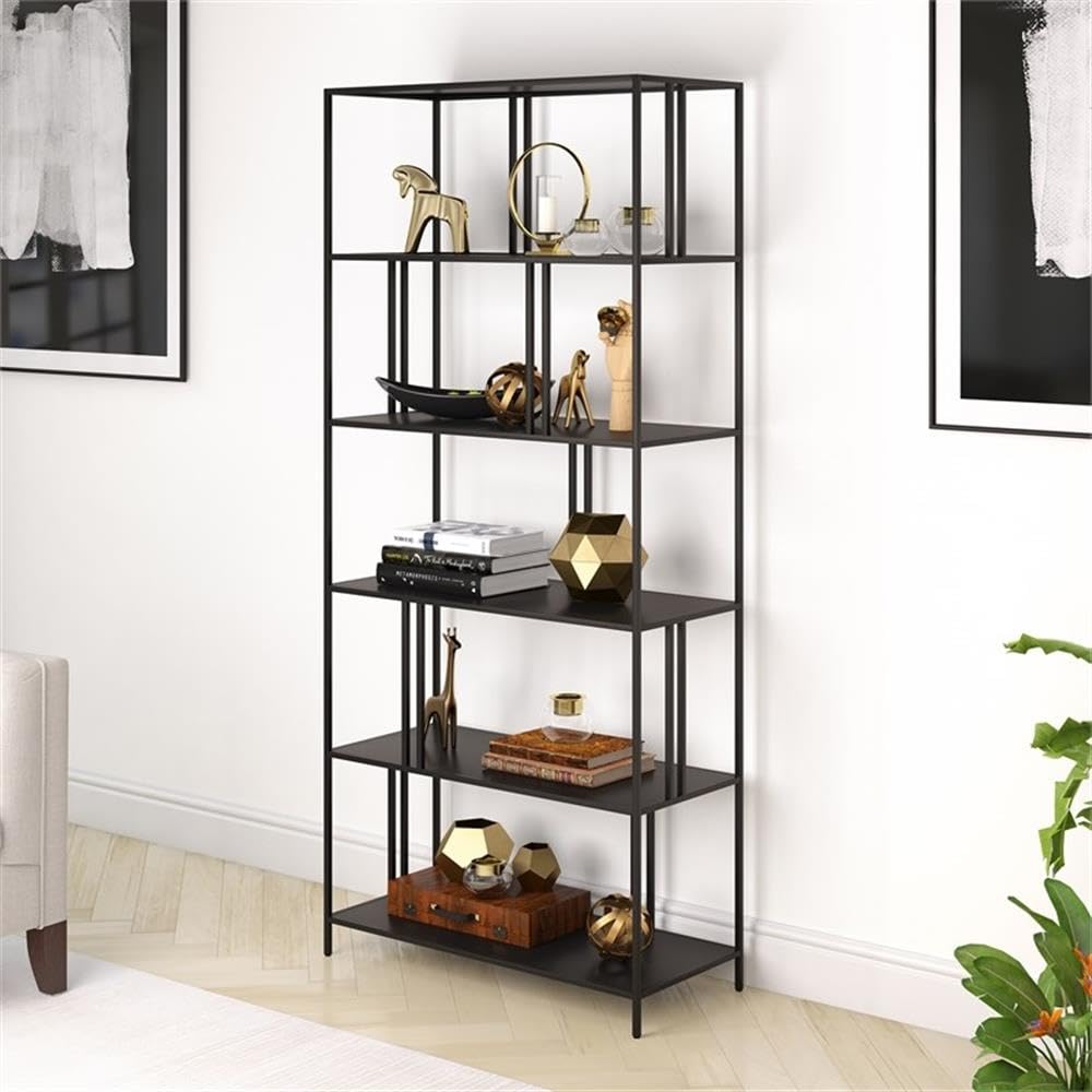 Henn&Hart 34 Inch Blackened Bronze Metal Bookcase - 5 Shelf Industrial Style Book Storage for Living Room, Office & Study