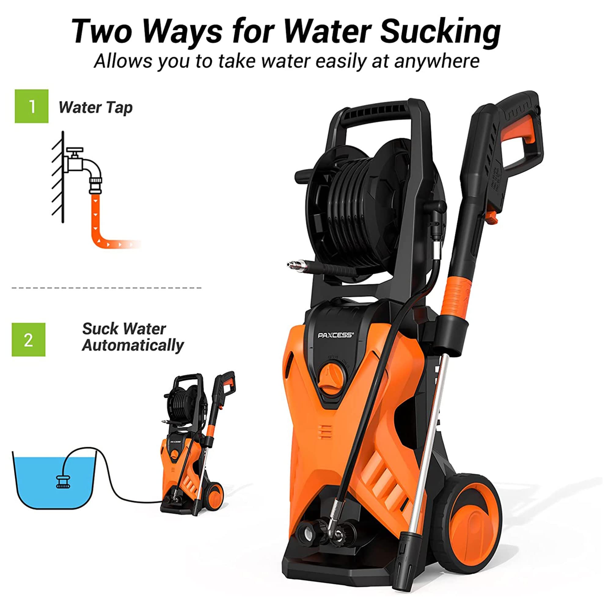 PAXCESS 3000 PSI 1800W Electric Pressure Washer with Adjustable Nozzle, Hose Reel & Wheels - Ideal for Car Washing, Patio Cleaning, Deck Maintenance & Driveway Power Washing | Home & Outdoor Cleaning Solution