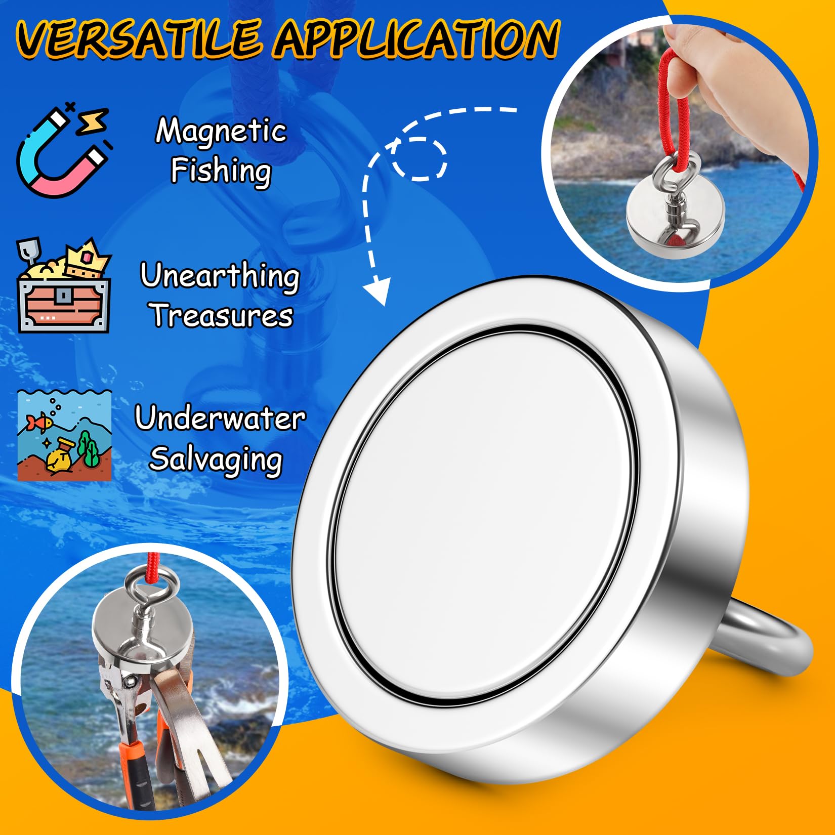 Super Strong Neodymium Fishing Magnet 500 lbs (227 KG) Pulling Force - Rare Earth Magnet with Countersunk Hole & Eyebolt for River Retrieval & Magnetic Fishing - 2.36 Inch (60 mm) - Perfect for Underwater Treasure Hunting, Metal Detecting & Outdoor Adventures