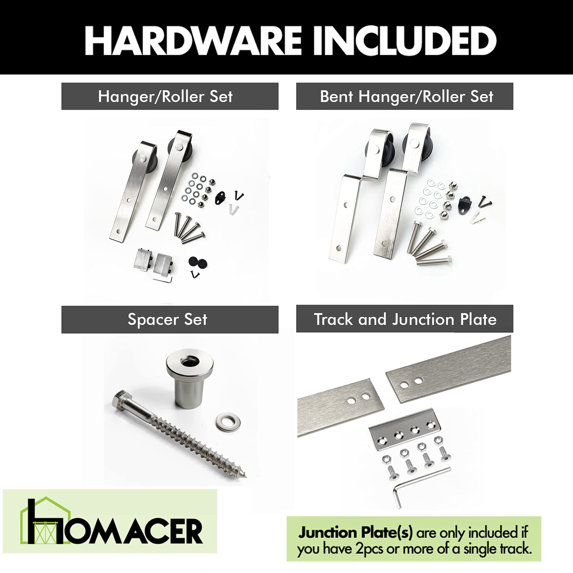 Homacer Brushed Nickel Single Track Bypass Sliding Barn Door Hardware Kit for Double Doors - 7.5ft Flat Track with Classic Roller Design - Perfect for Farmhouse, Rustic, and Modern Interior Styles