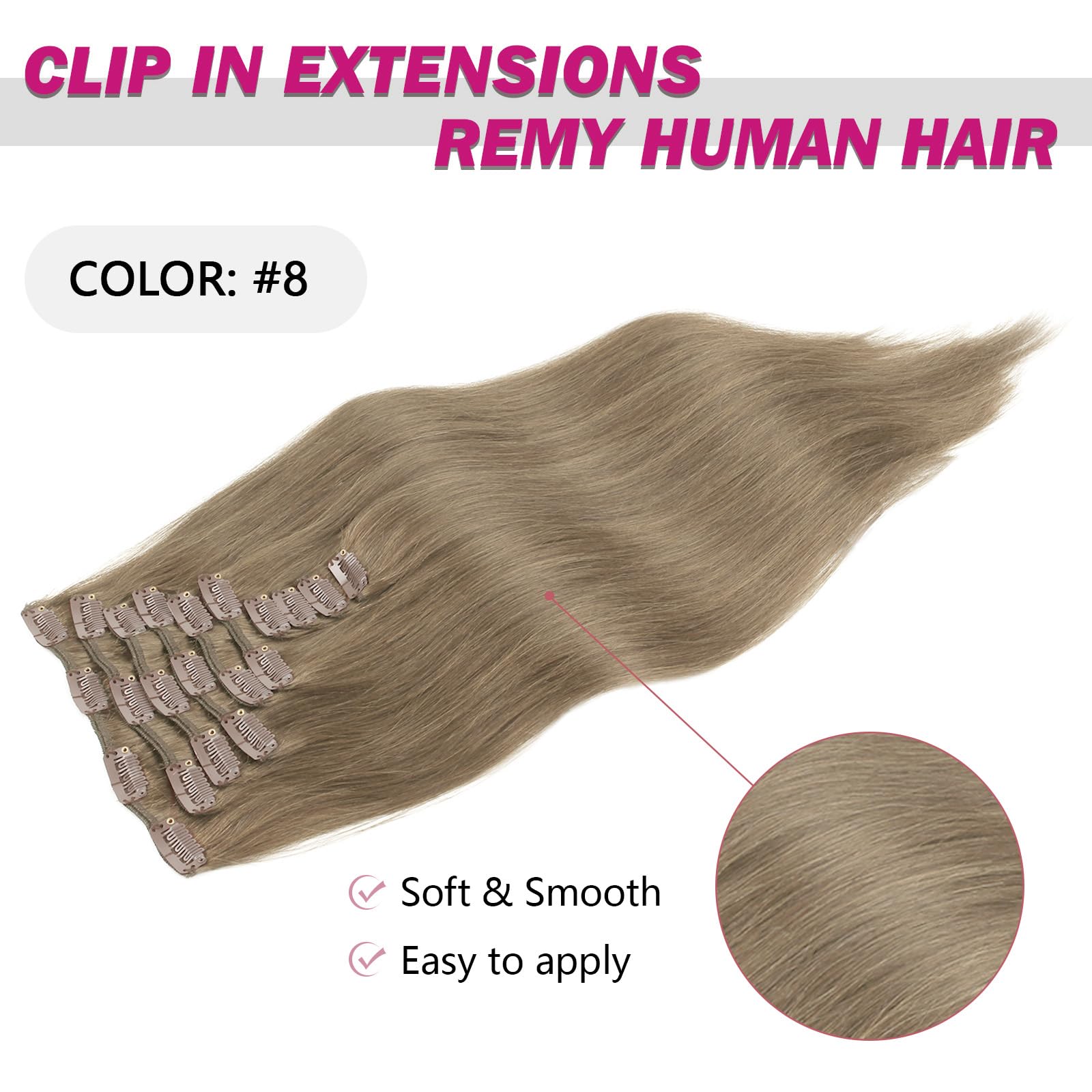 SixStarHair Ash Brown Clip-In Hair Extensions - 20 Inch Remy Human Hair Wefts (180g, 10 Pieces) with 21 Clips - Cool Tone Color 8 - Perfect for Parties, Weddings & Daily Styling