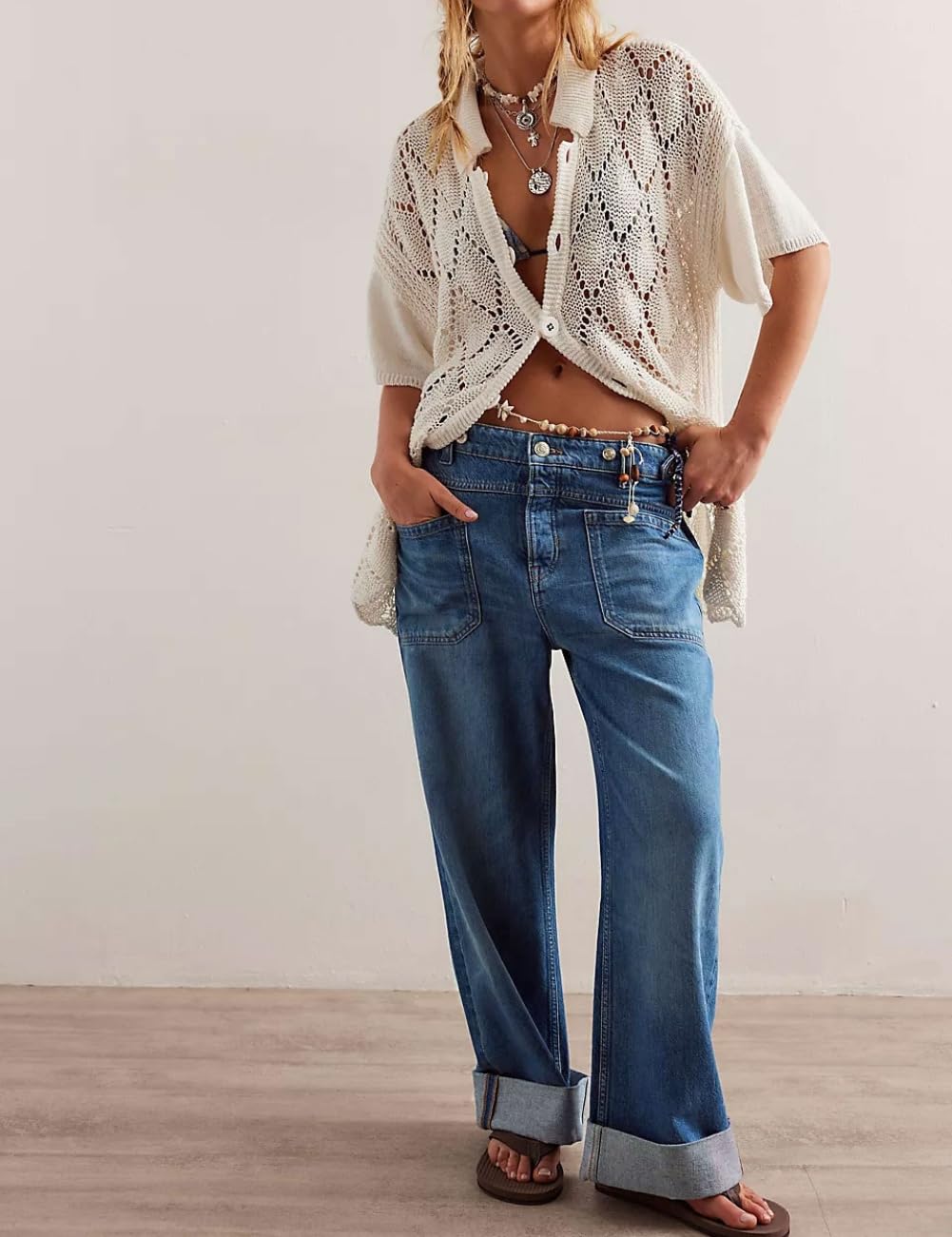 Women's Wide Leg Jeans - Mid Rise Stretchy Straight Leg Pants with Cuffed Hem & Pockets | Comfortable Casual Wear for Everyday Outfits, Work & Weekend Style