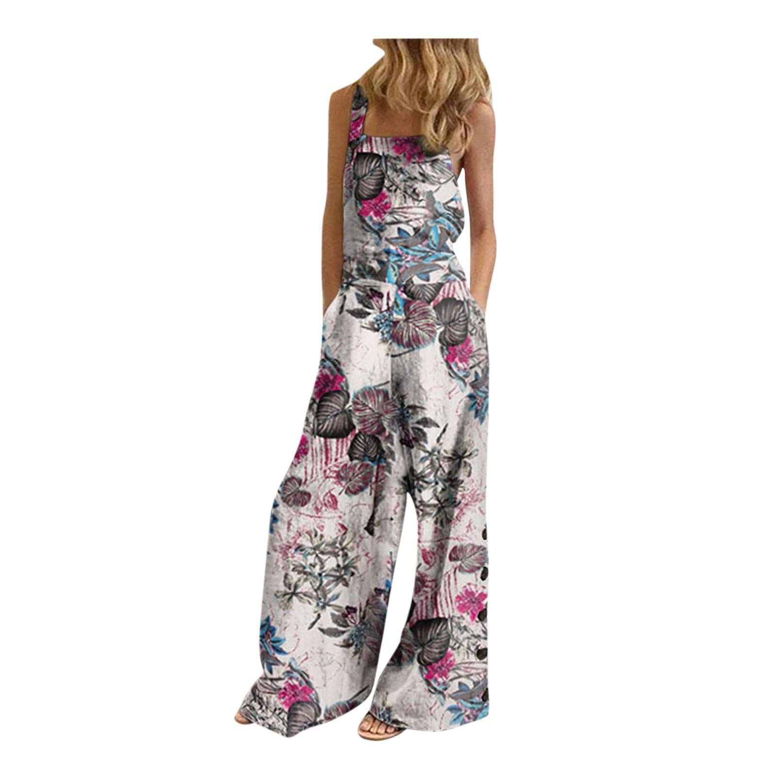 Wocachi 2022 Women's Floral Print Sleeveless Wide Leg Jumpsuit - Loose Casual Romper Overalls for Summer Outings, Beach Vacations & Daily Wear